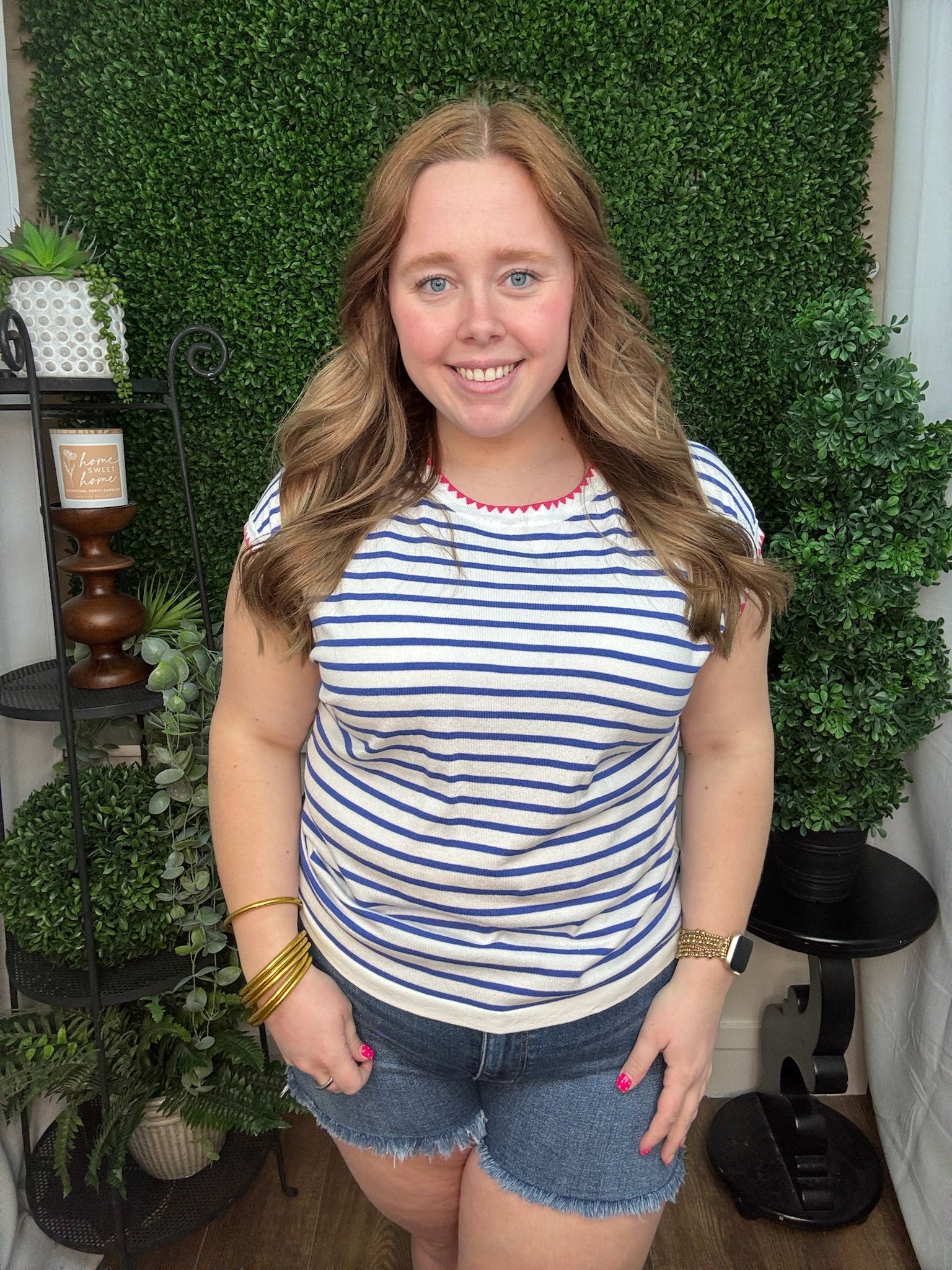 Classic Blue Stripe Knit Top with Pink Detail