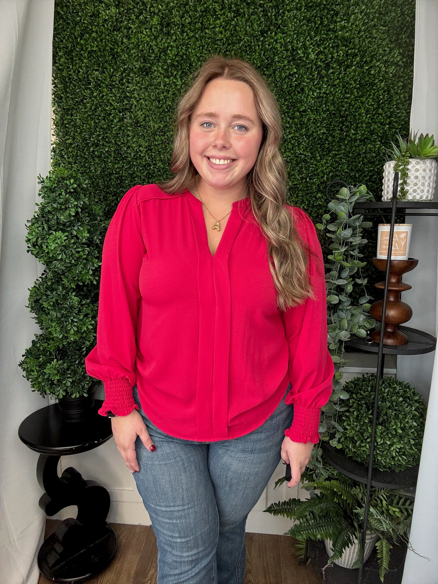 LONG SMOCKED SLEEVE FRONT PLEATS TOP