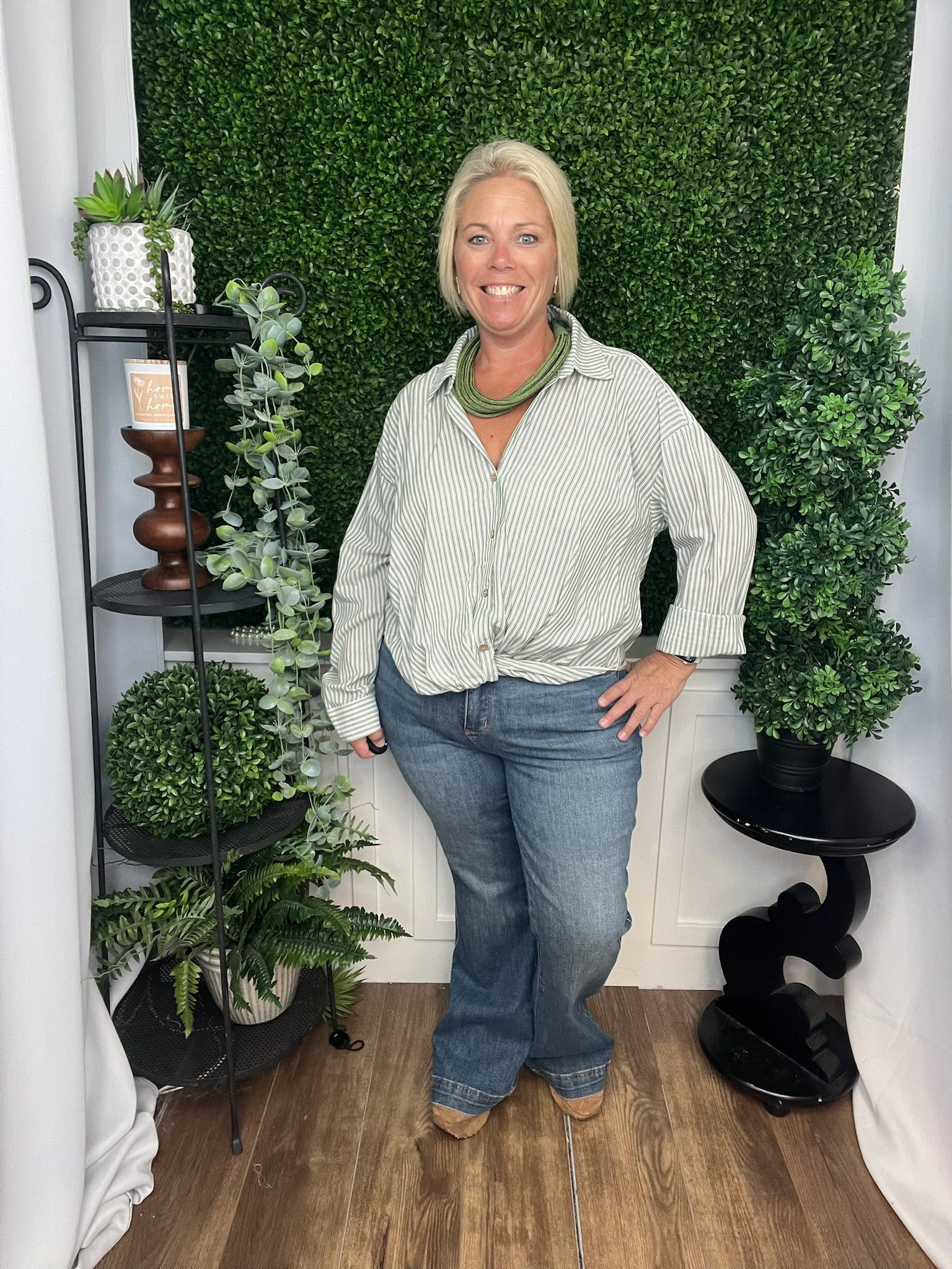 STRIPE TWISTED BUTTON-UP BLOUSE - GREEN/WHITE