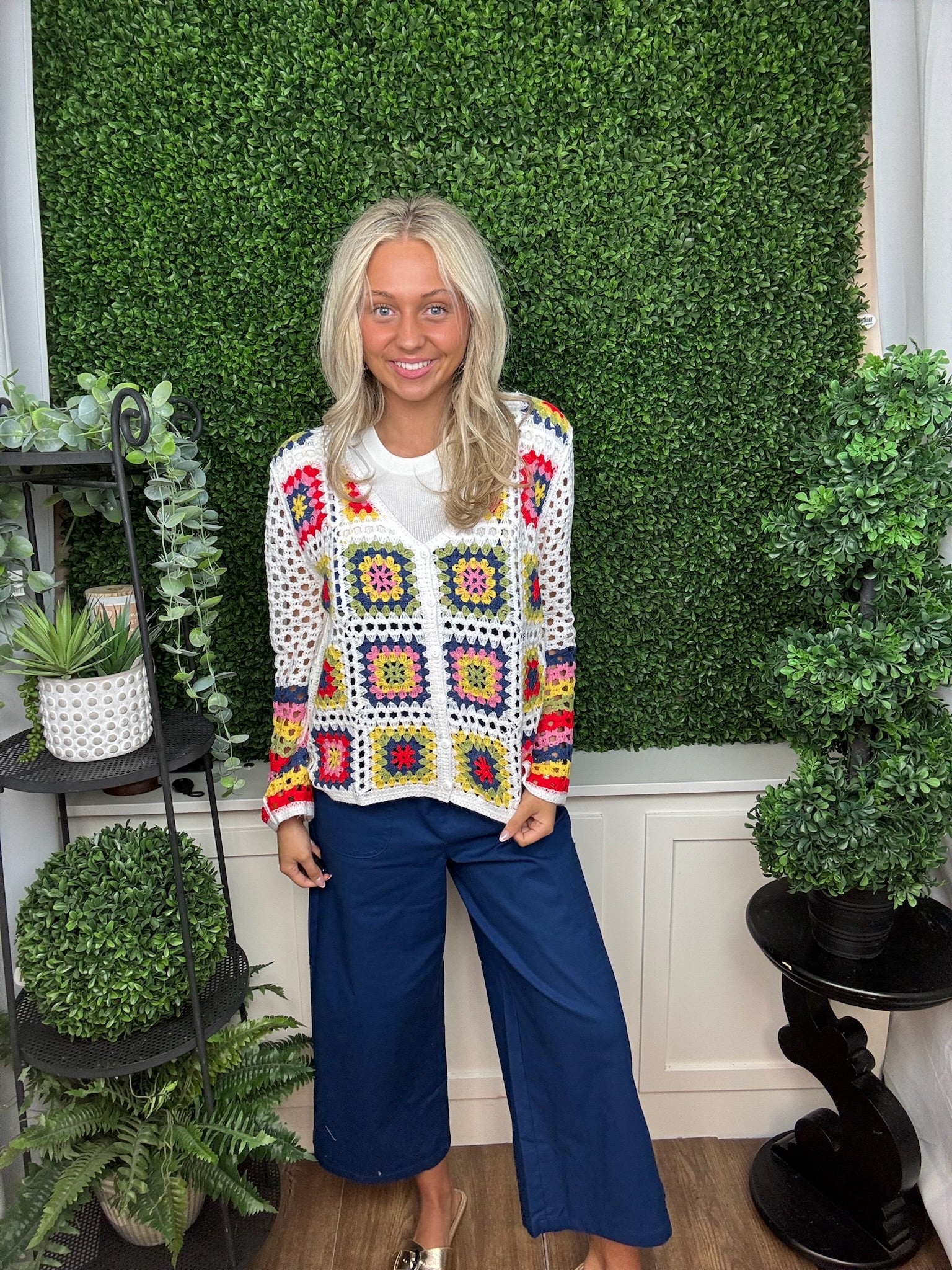 PATCHWORK BUTTON FRONT CROCHET CARDIGAN