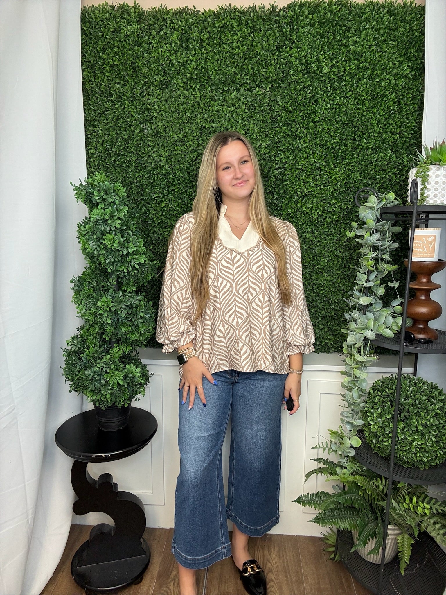 STANDING COLLARED NECK BOHO LEAF PRINT TOP - TAUPE