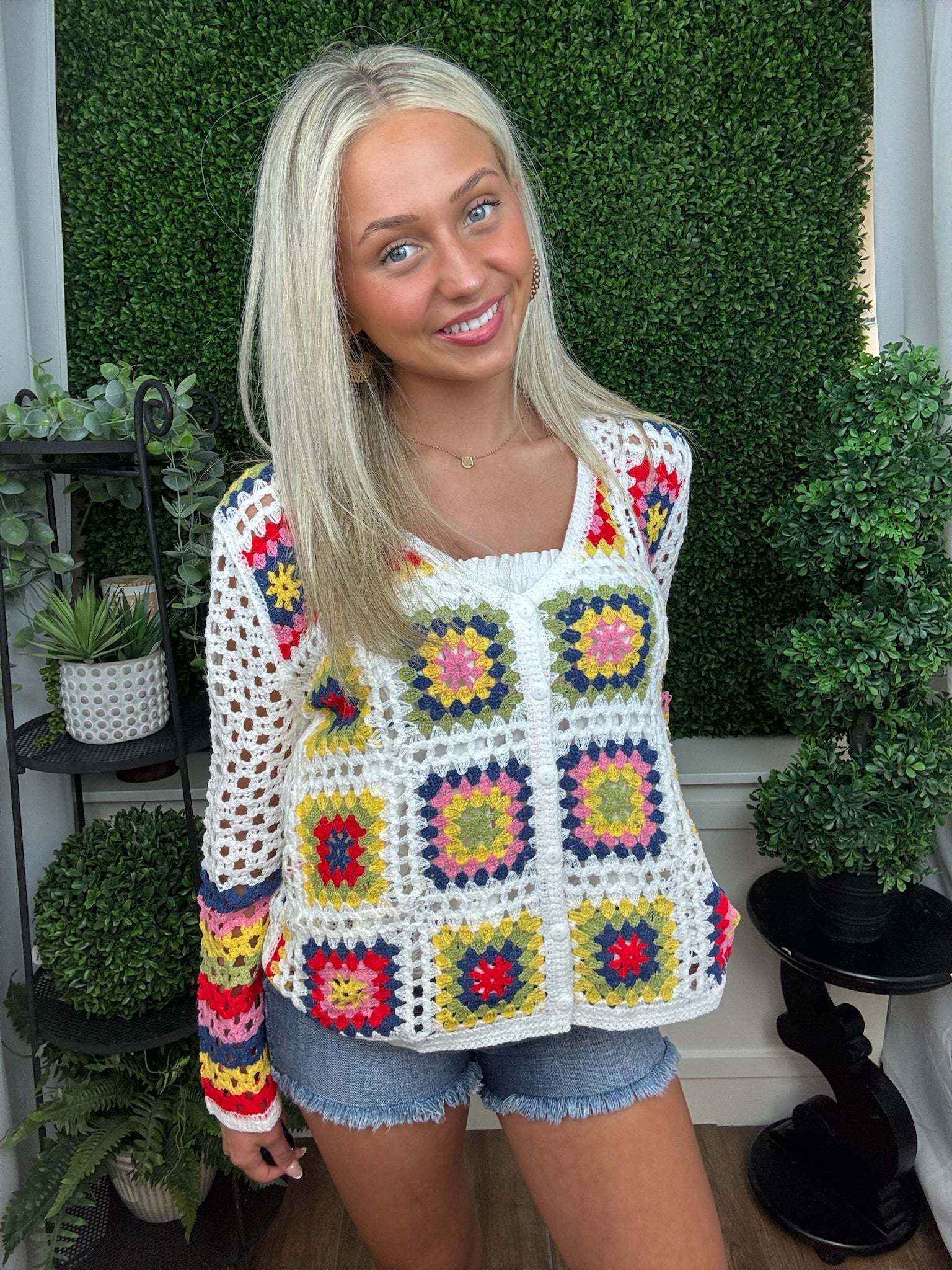 PATCHWORK BUTTON FRONT CROCHET CARDIGAN