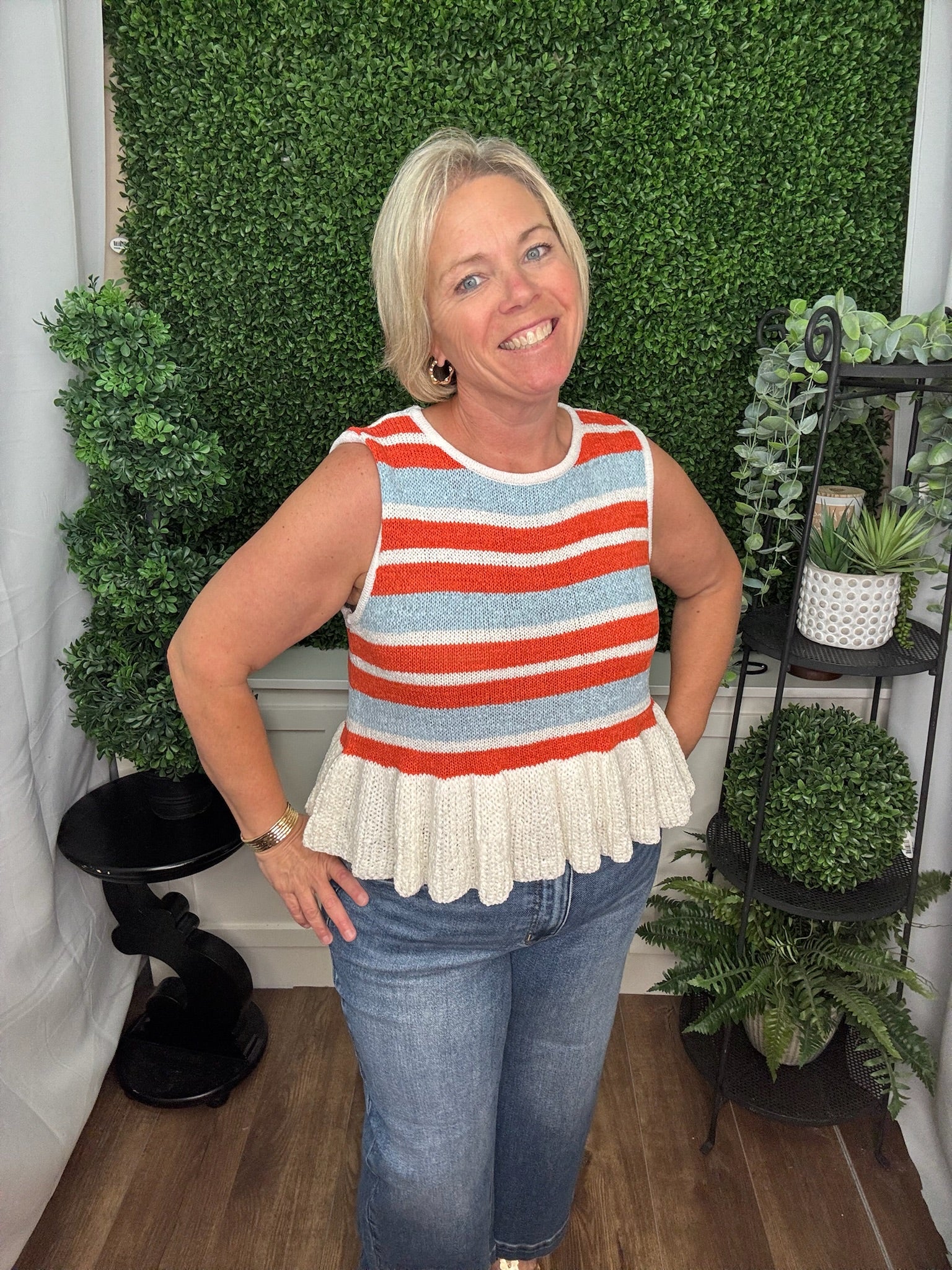 Striped Sleeveless Knit Peplum Top