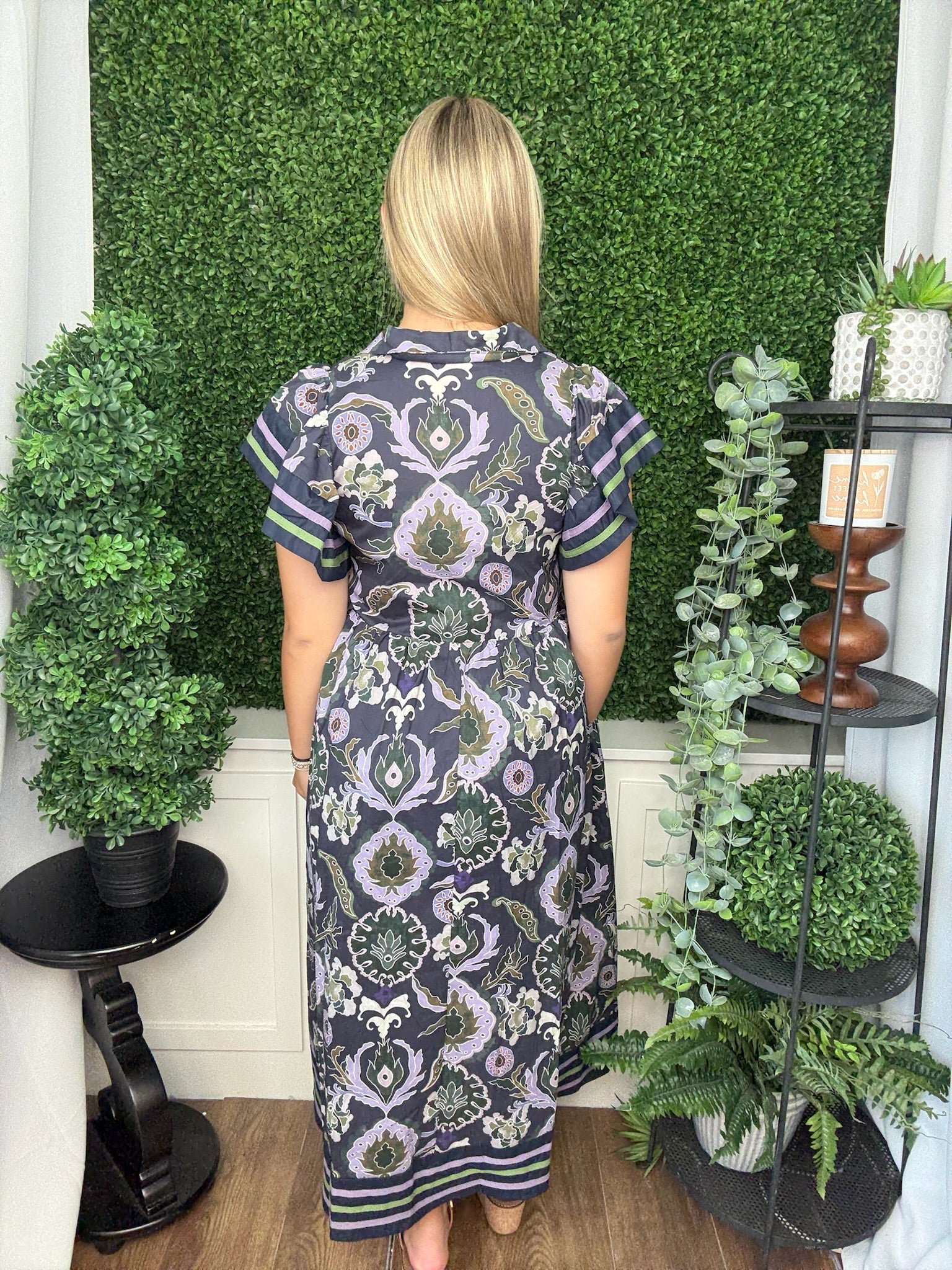 MULTI PRINT MIDI DRESS W/FLUTTER SLEEVES - NAVY