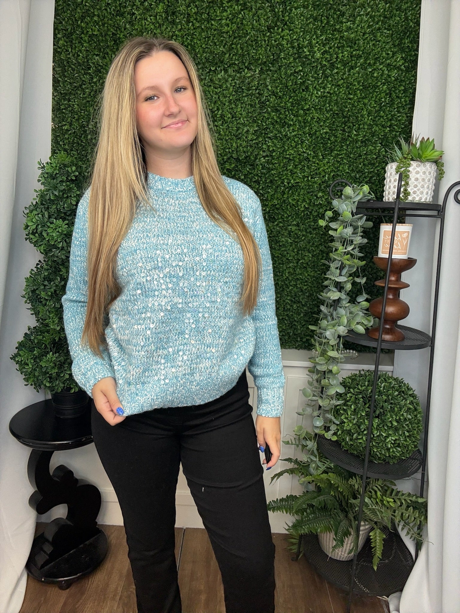 LONG SLEEVE CLEAR SEQUIN SWEATER - LIGHT BLUE