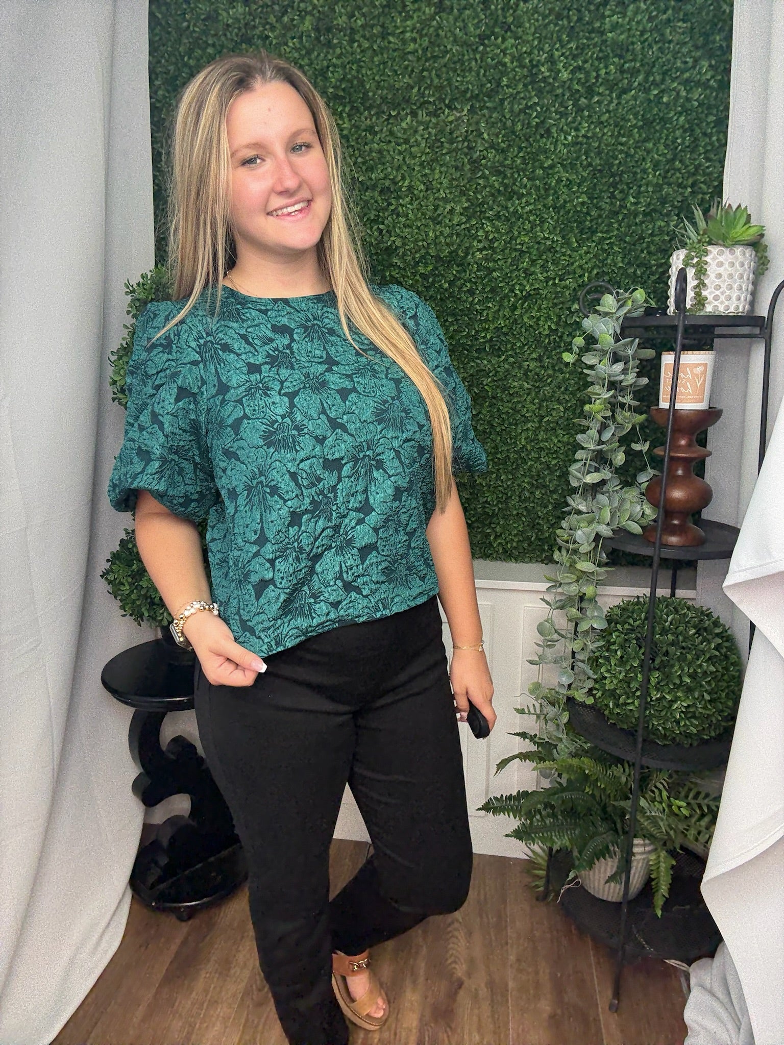 ROUND NECK PUFF SLV BLOUSE - HUNTER GREEN