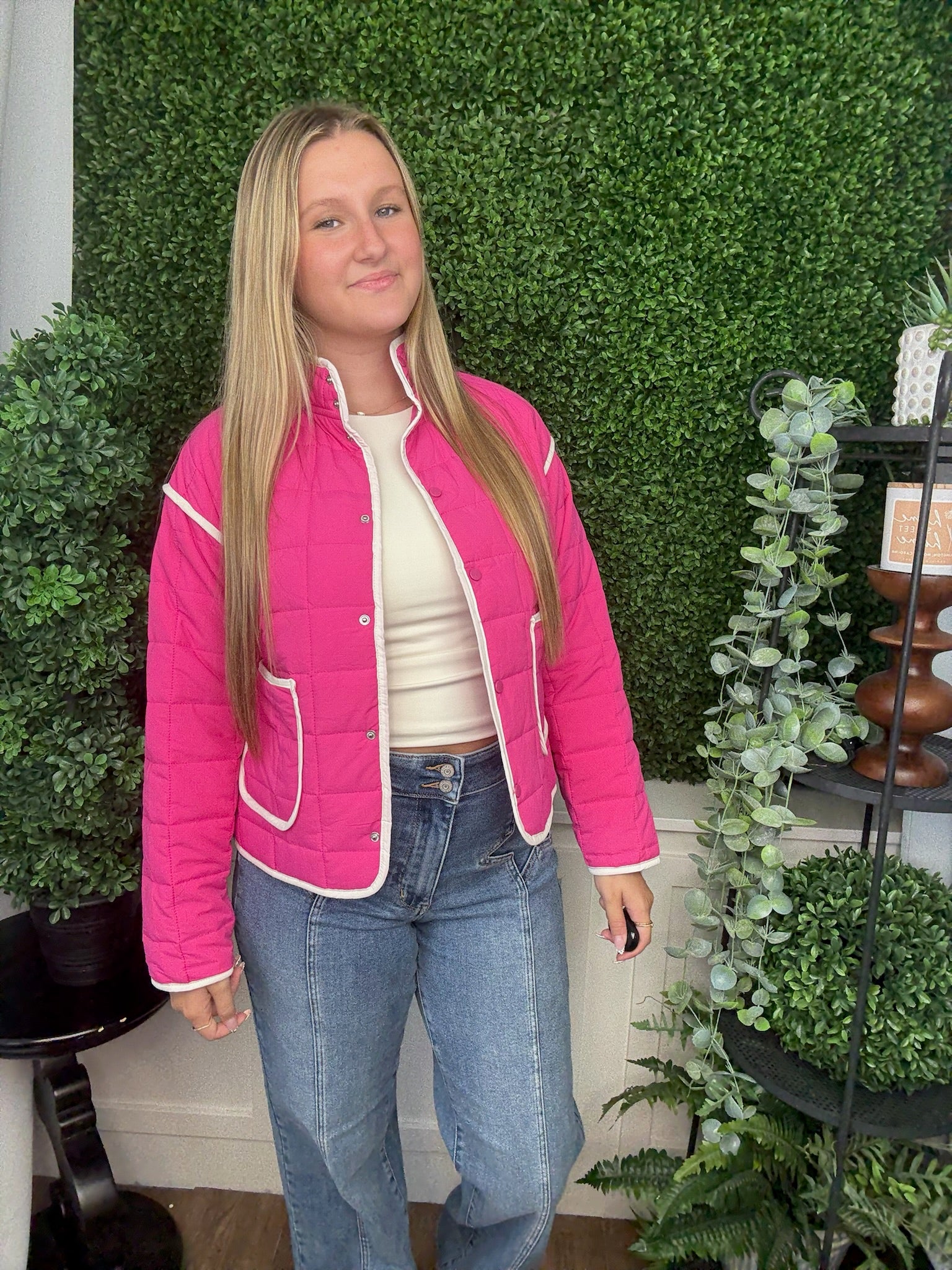 HOT PINK QUILTED TRIM JACKET W/ WHITE PIPING