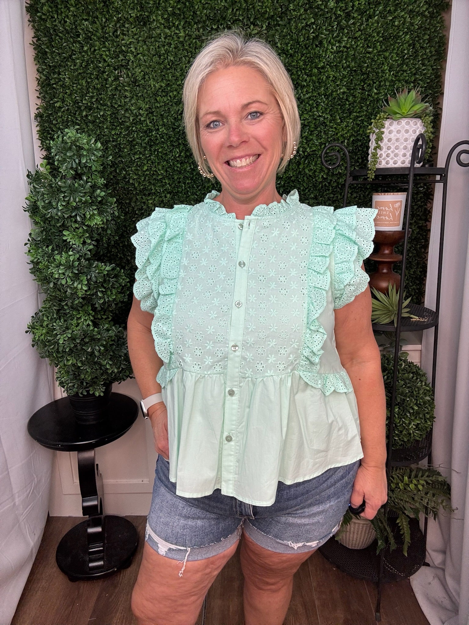 Mint Eyelet Ruffle Sleeve Blouse