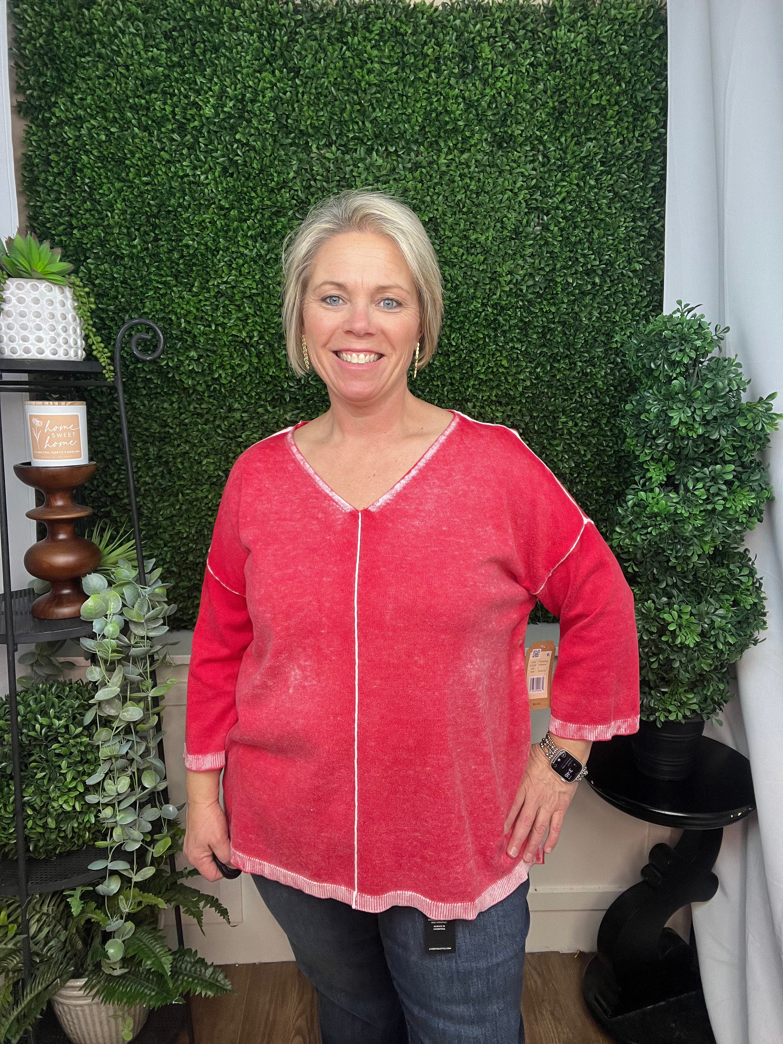 REVERSE PRINTED V-NECK SWEATER W/FRONT POCKET - WATERMELON