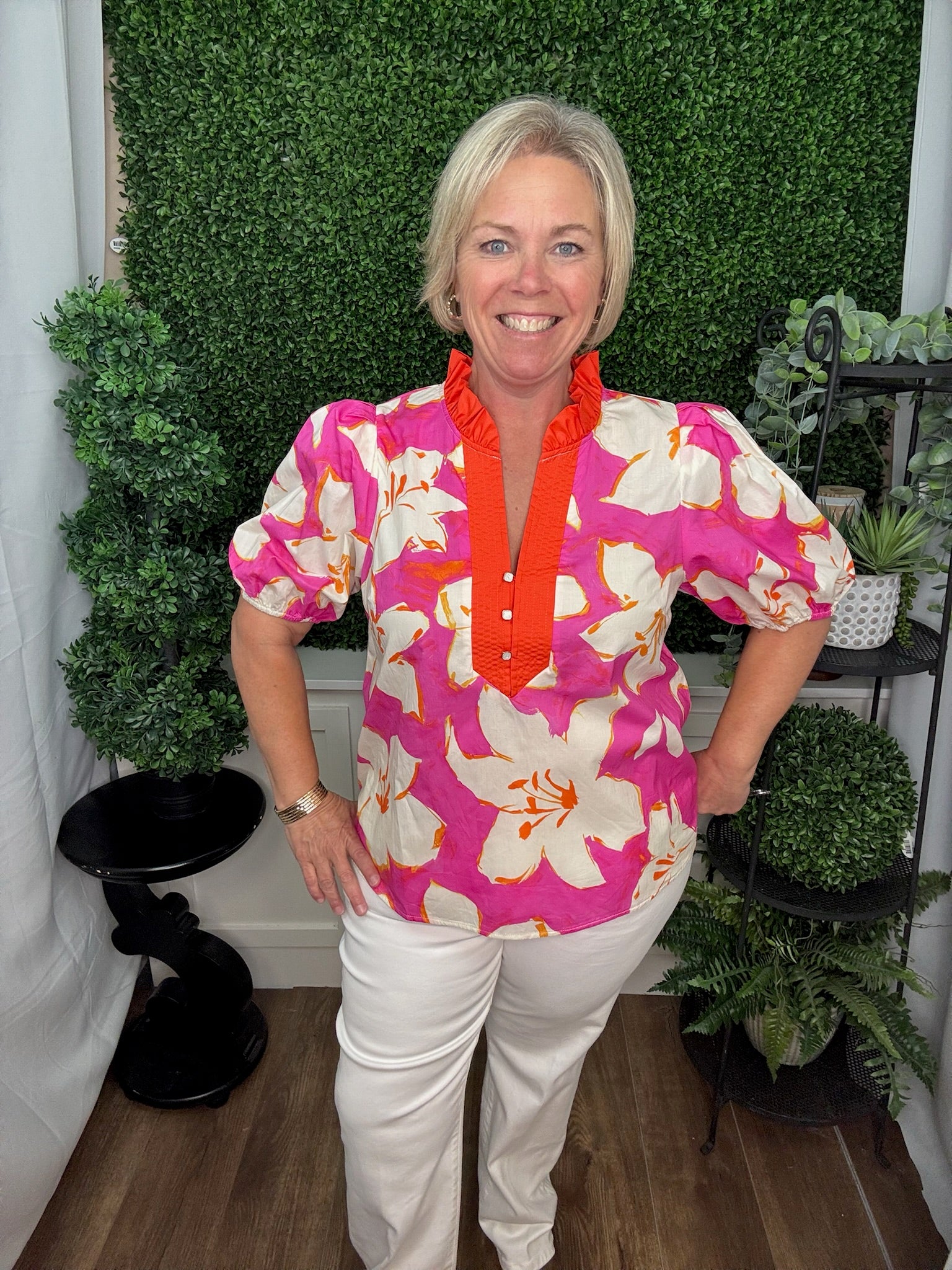 Sunset Bloom Ruffle Trim Blouse