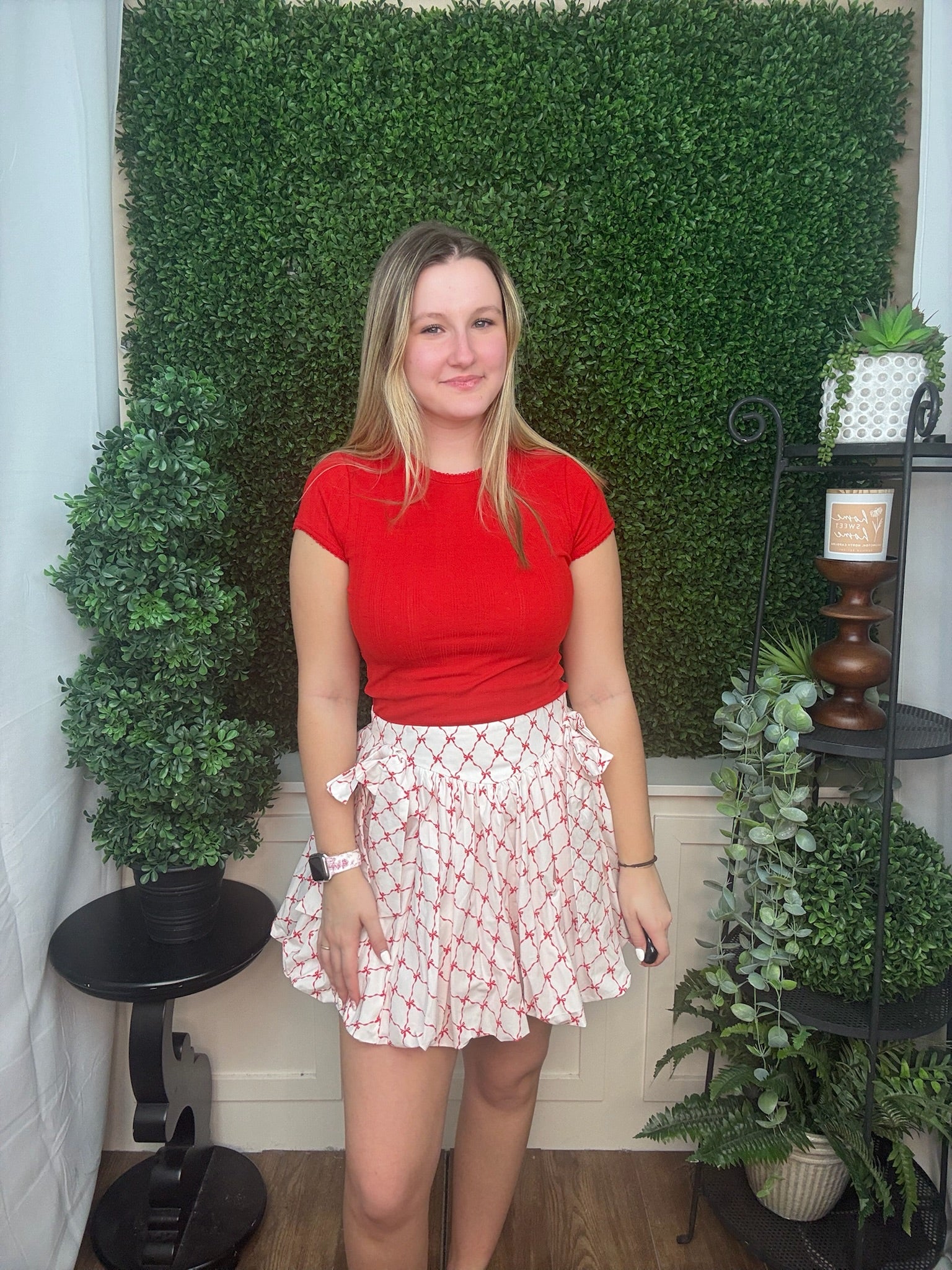 Bow Detail Pleated Mini Skirt - Off White/Red