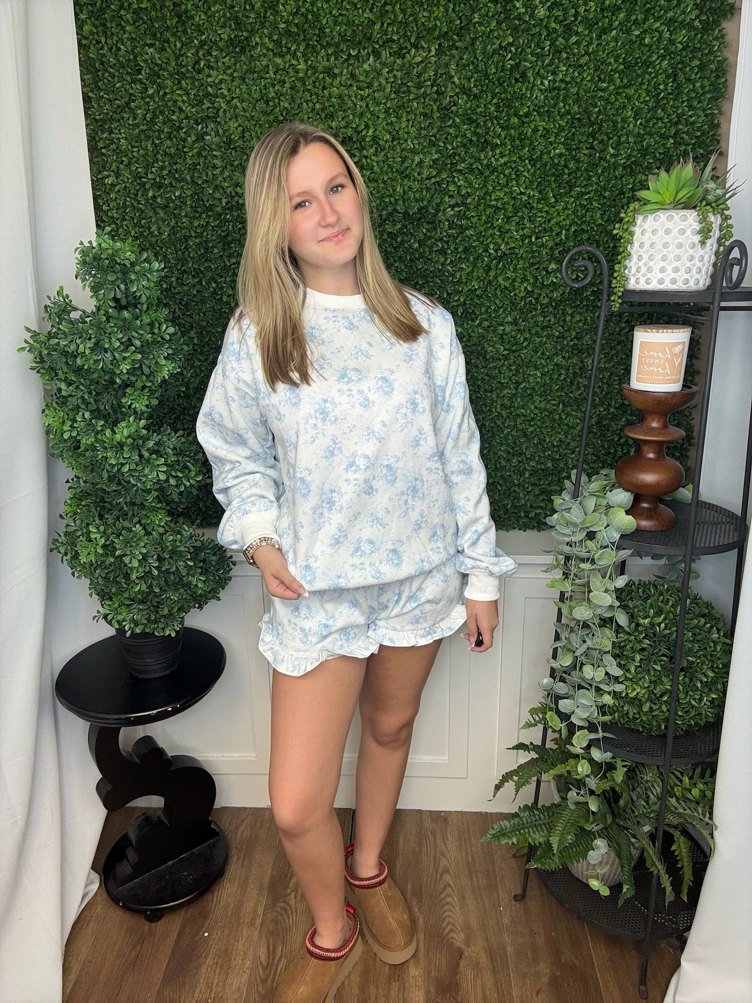 SINGLE TONE FLORAL PRINTED FRENCH TERRY TOP - LIGHT BLUE