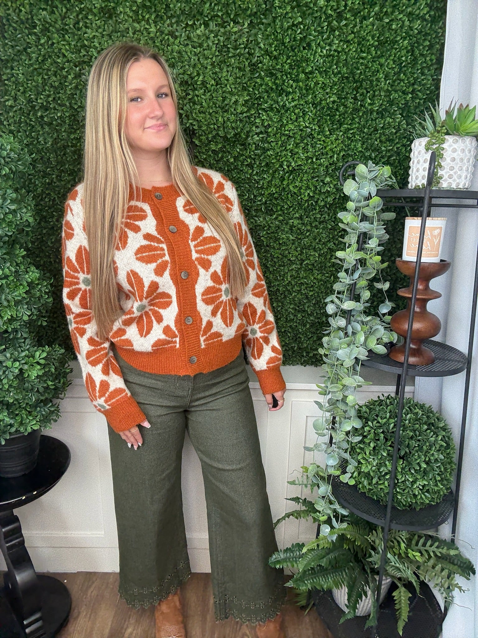 PATTERNED KNIT BUTTON FRONT JACKET - RUST