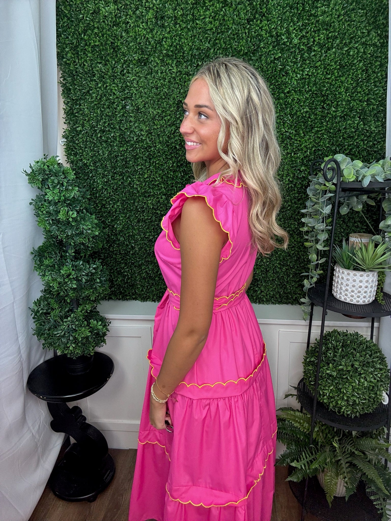 Tiered Midi Dress with Ruffle Sleeves and Tie Waist