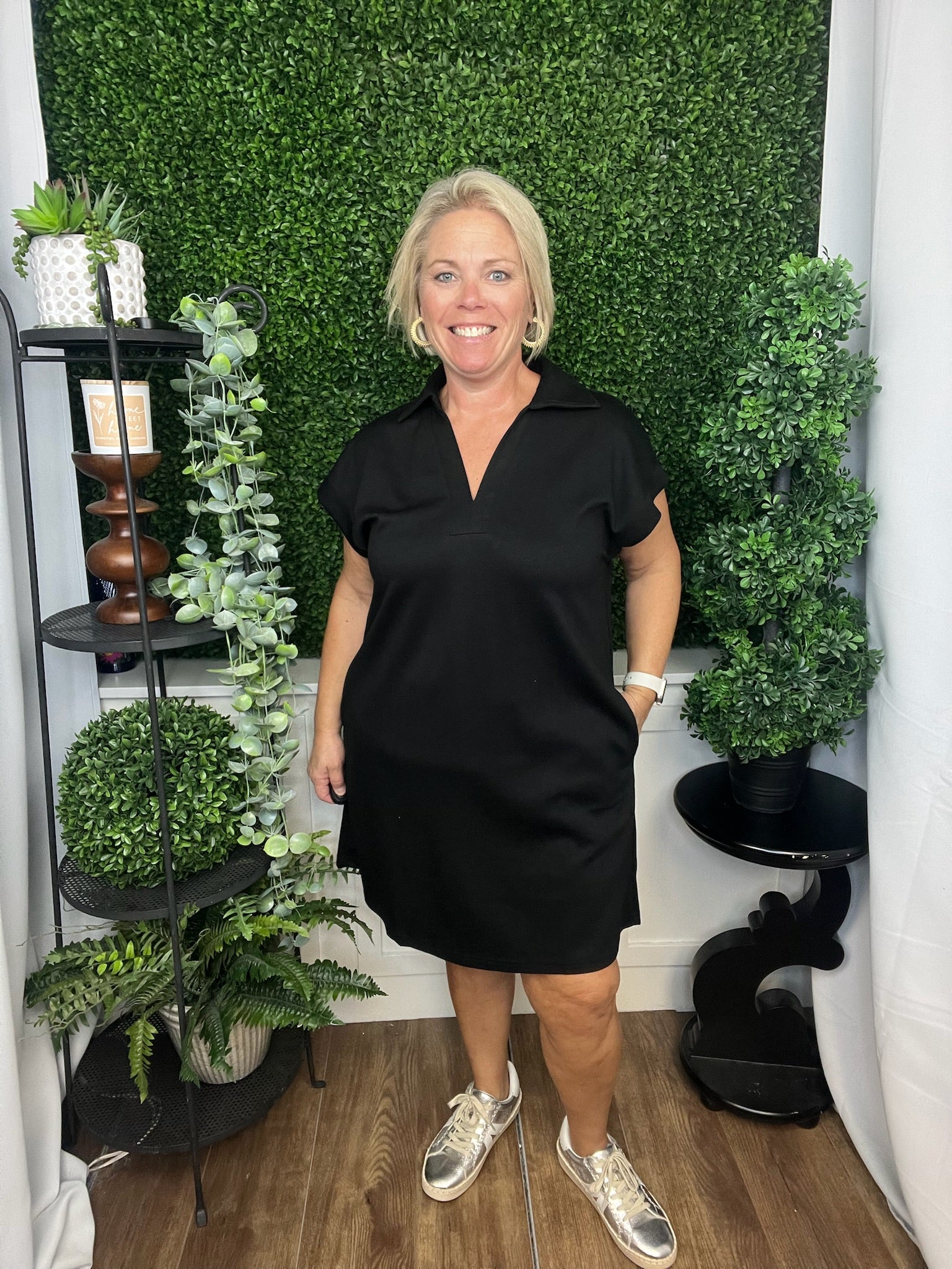 SOLID COLLARED POCKET DRESS - BLACK