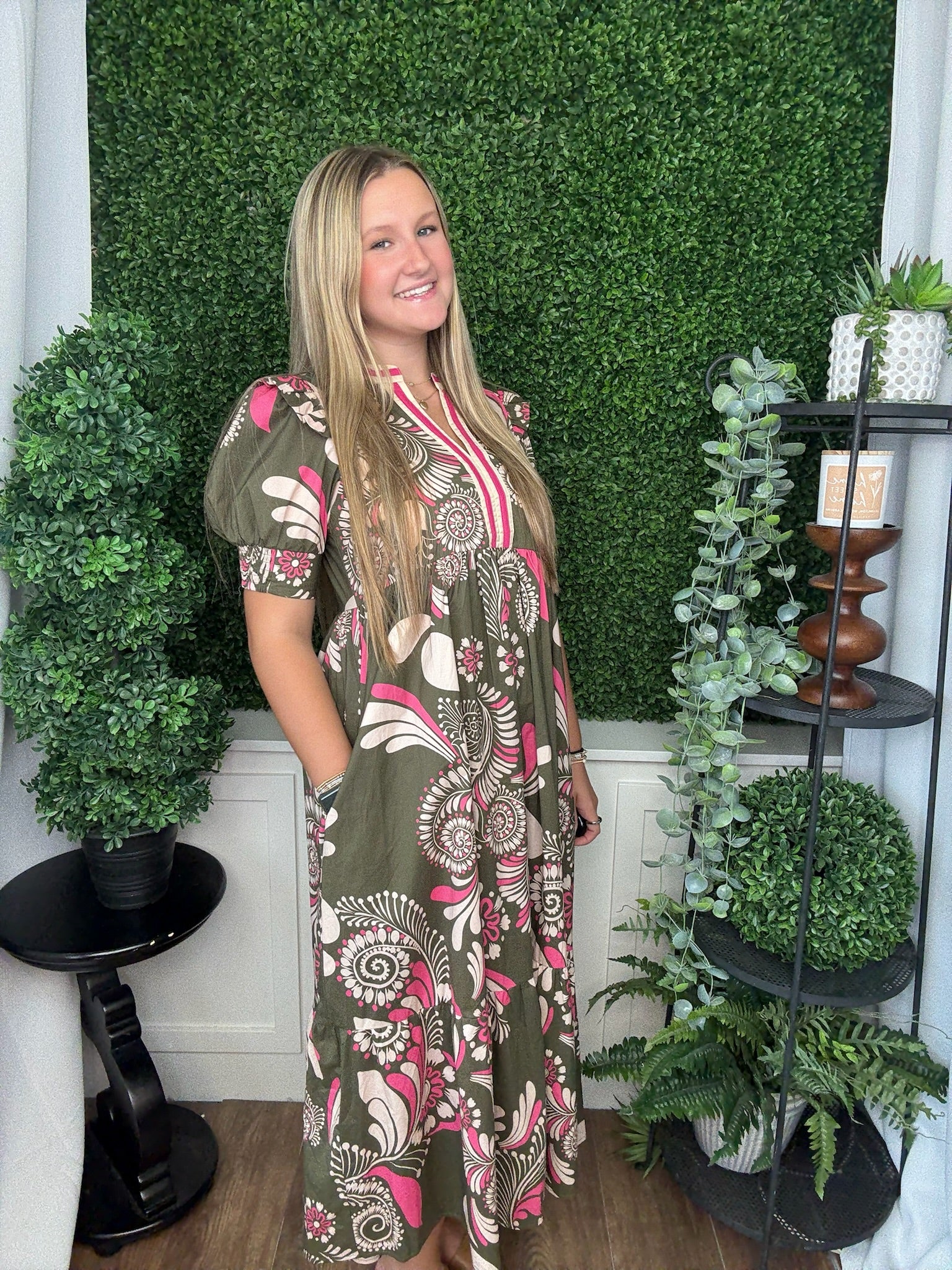 PAISLEY PATTERN SMOCKED SHORT SLEEVE TIERED MIDI DRESS