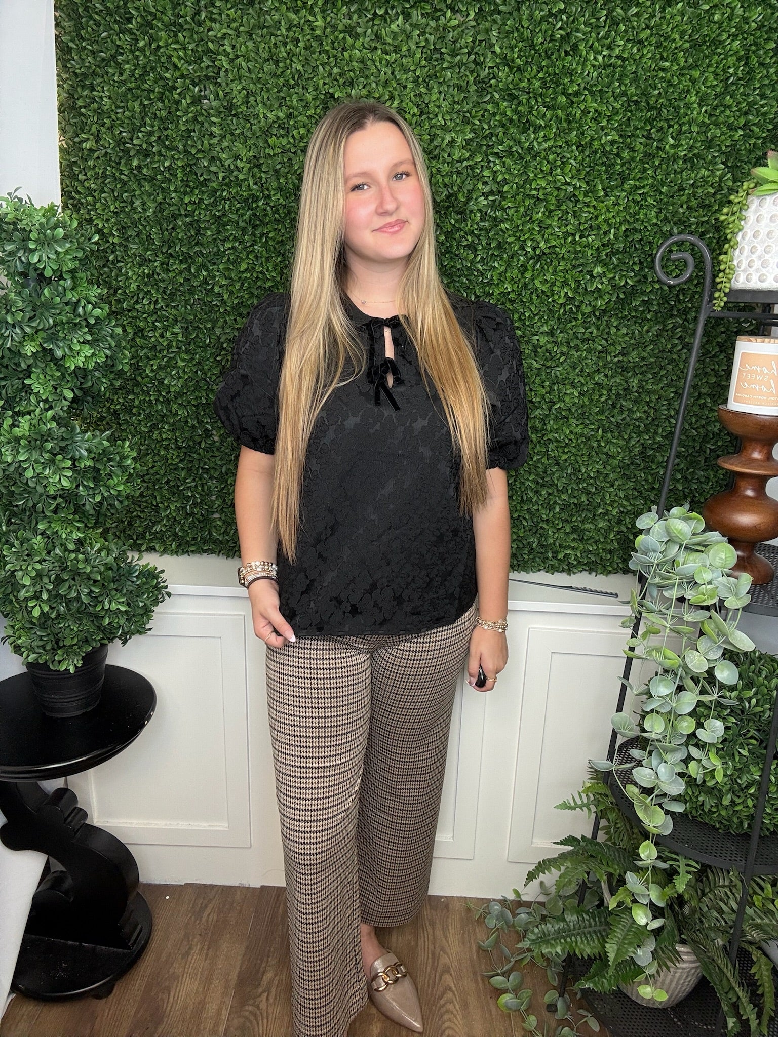 HOUNDSTOOTH STRAIGHT LEG PANTS - BROWN HAZEL