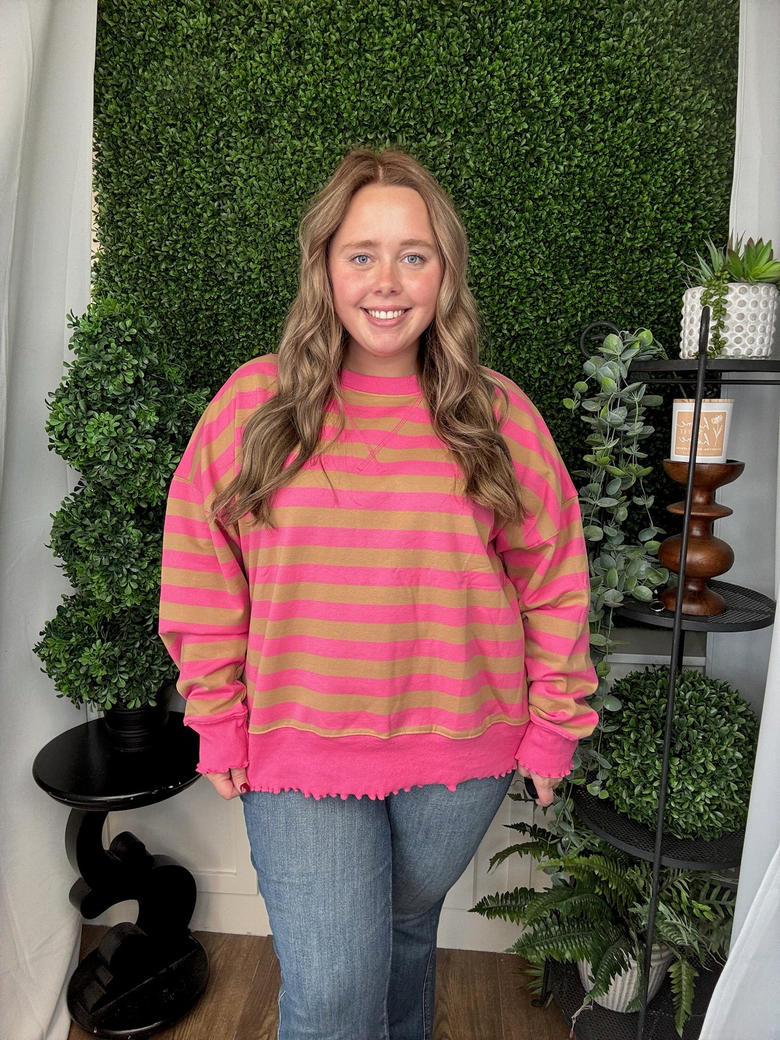 COLOR BLOCK STRIPED LETTUCE HEM DETAIL - PINK/TAUPE