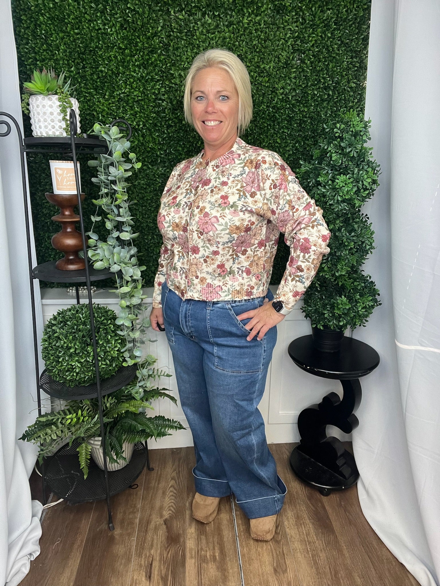 FLORAL PRINT BUTTON FRONT SWEATER CARDIGAN TOP - CLAY ROSE