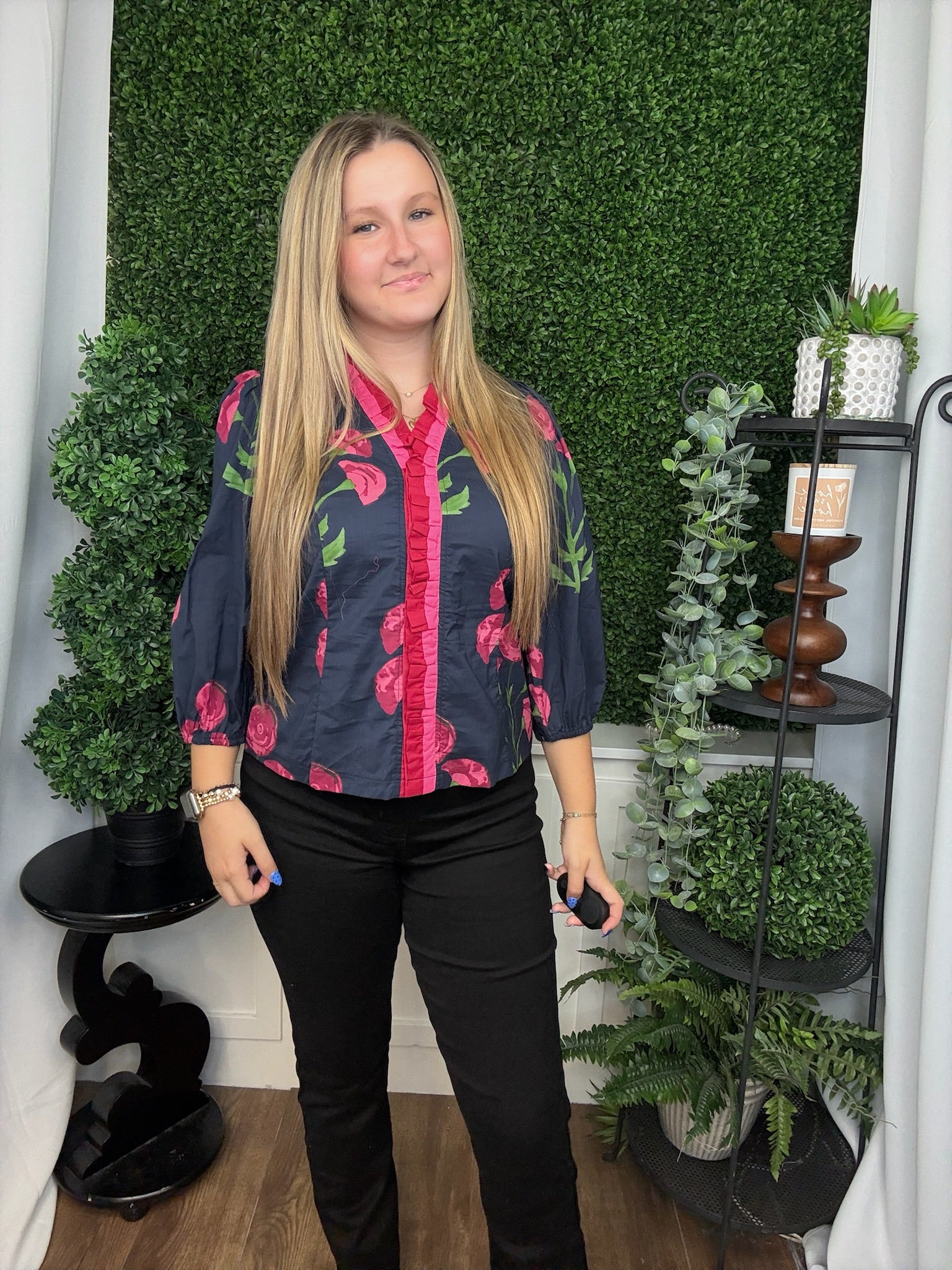 FLORAL PRINT RUFFLED NECK TOP WITH CONTRAST DETAIL