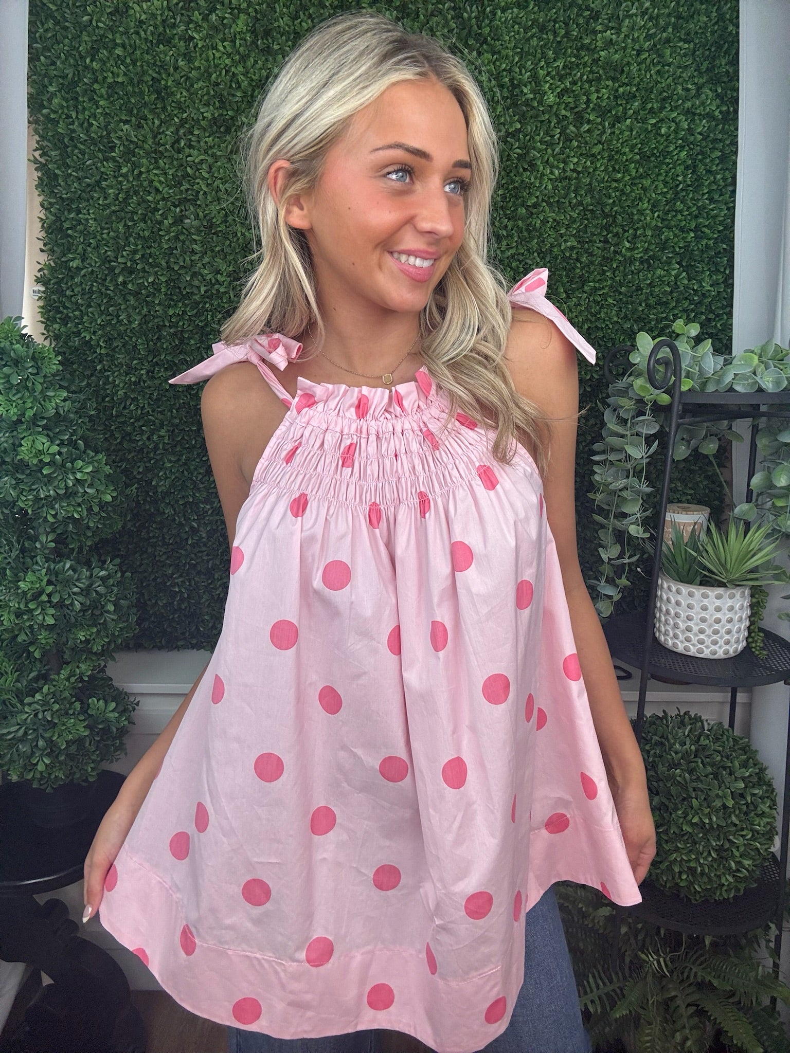 Sweet Dot Smocked Tie-Shoulder Top