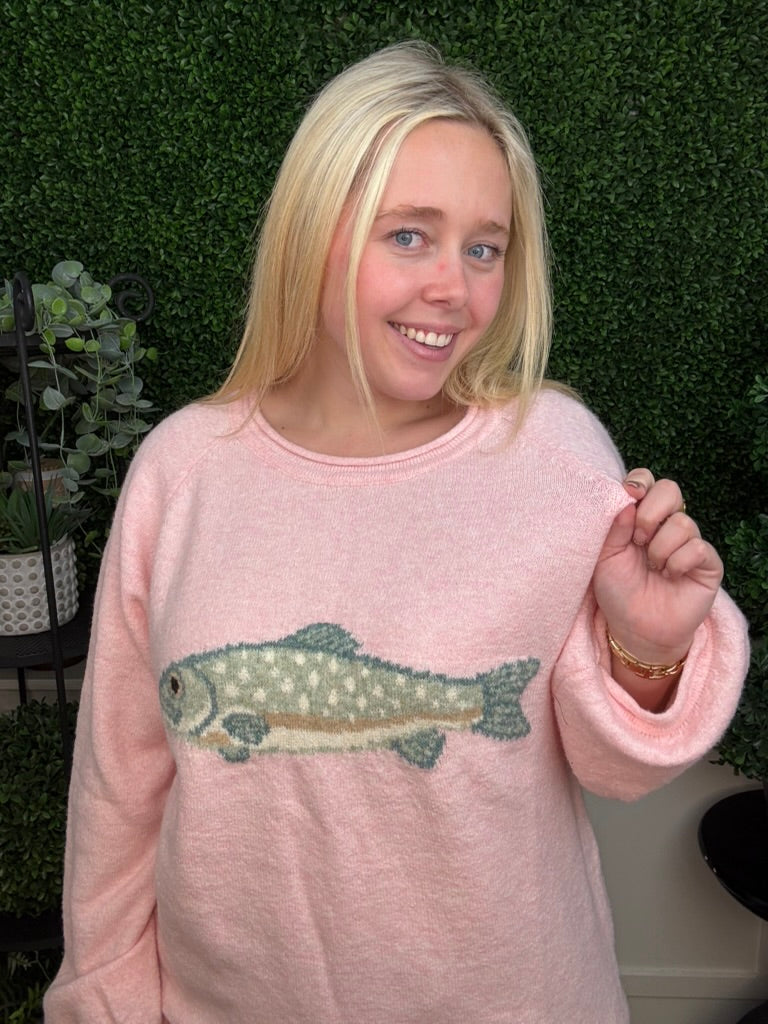 FISH GRAPHIC KNIT SWEATER - PINK