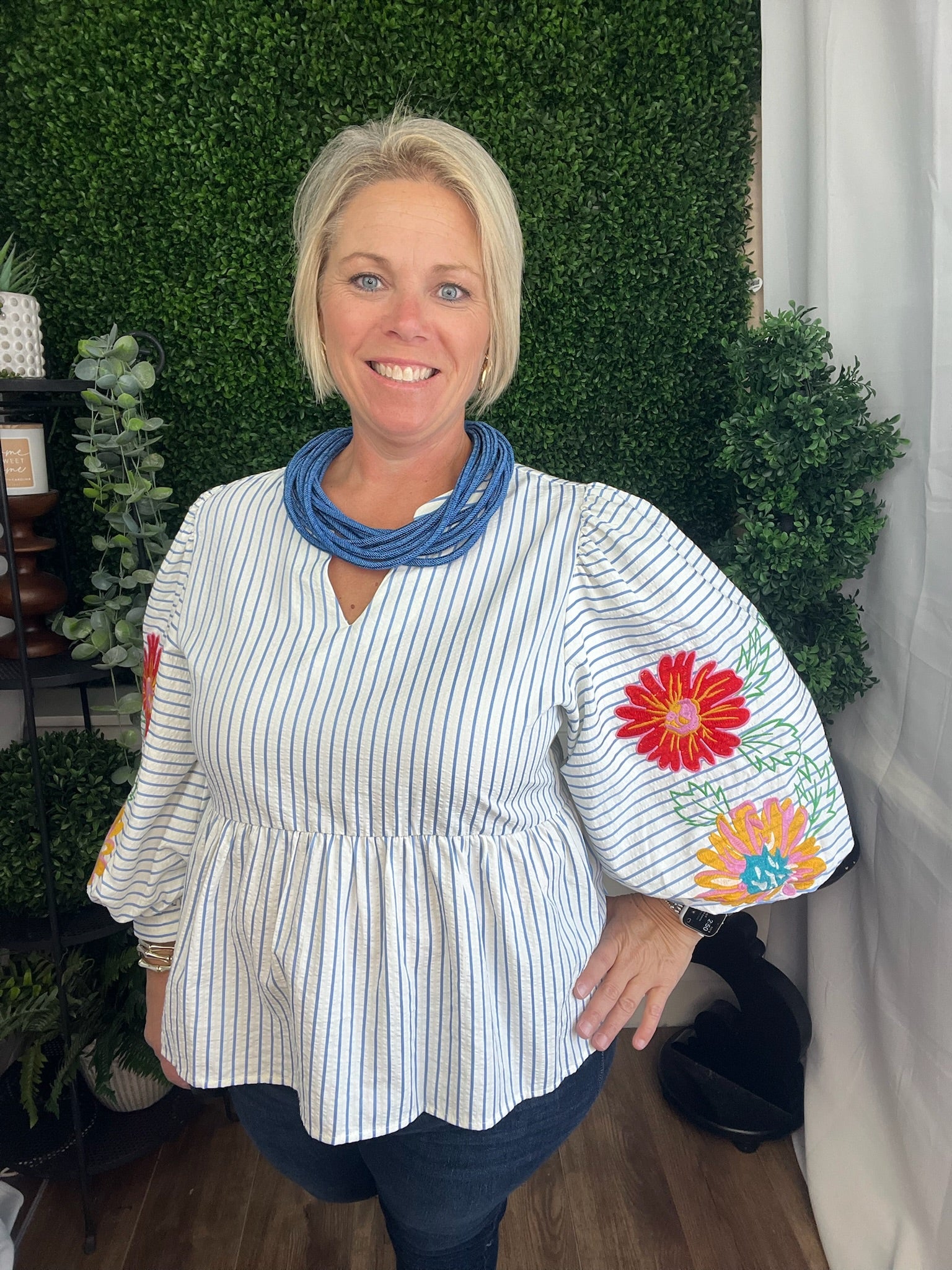 EMBROIDERED STRIPE BABYDOLL TOP