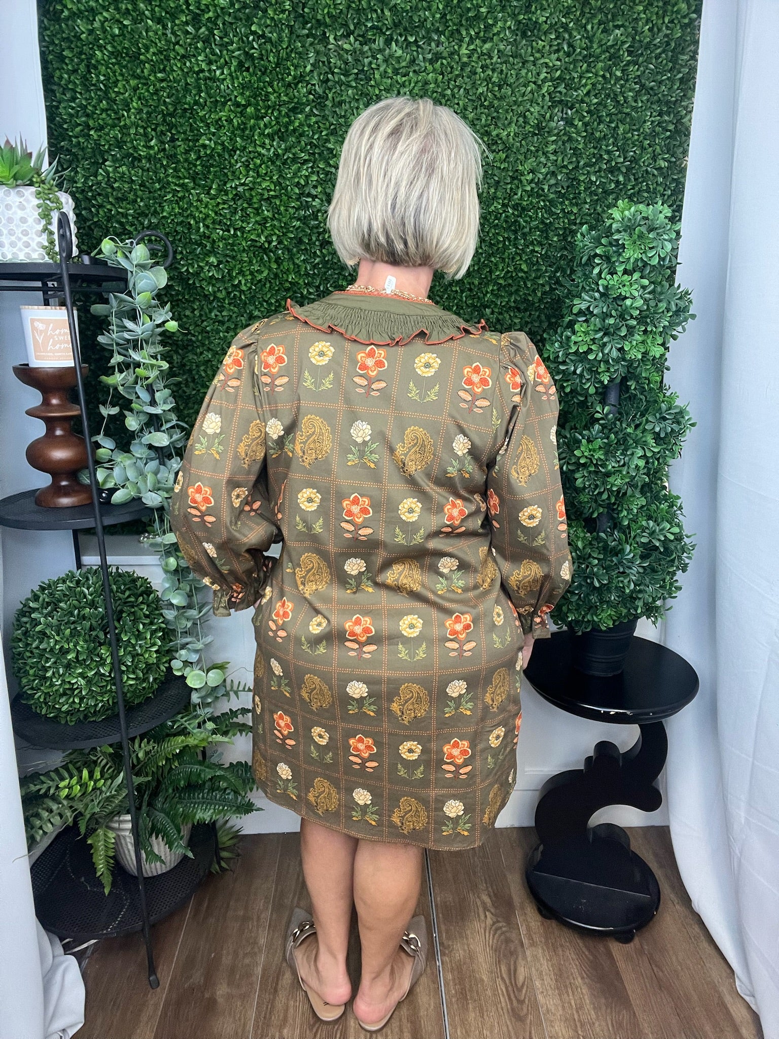 FLORAL PRINT 3/4 PUFF SLEEVE MINI DRESS - OLIVE