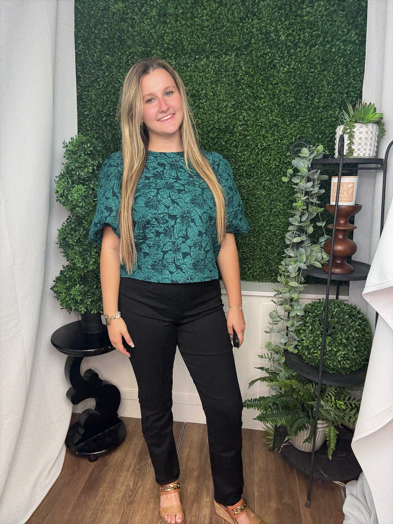 ROUND NECK PUFF SLV BLOUSE - HUNTER GREEN