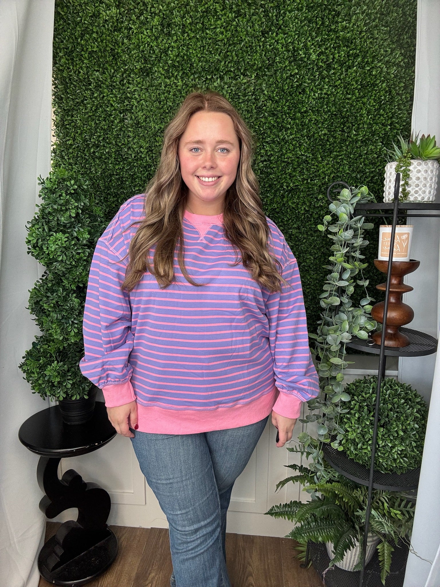 STRIPE COMFY CASUAL OVERSIZED KNIT TOP - LAVENDAR/PINK