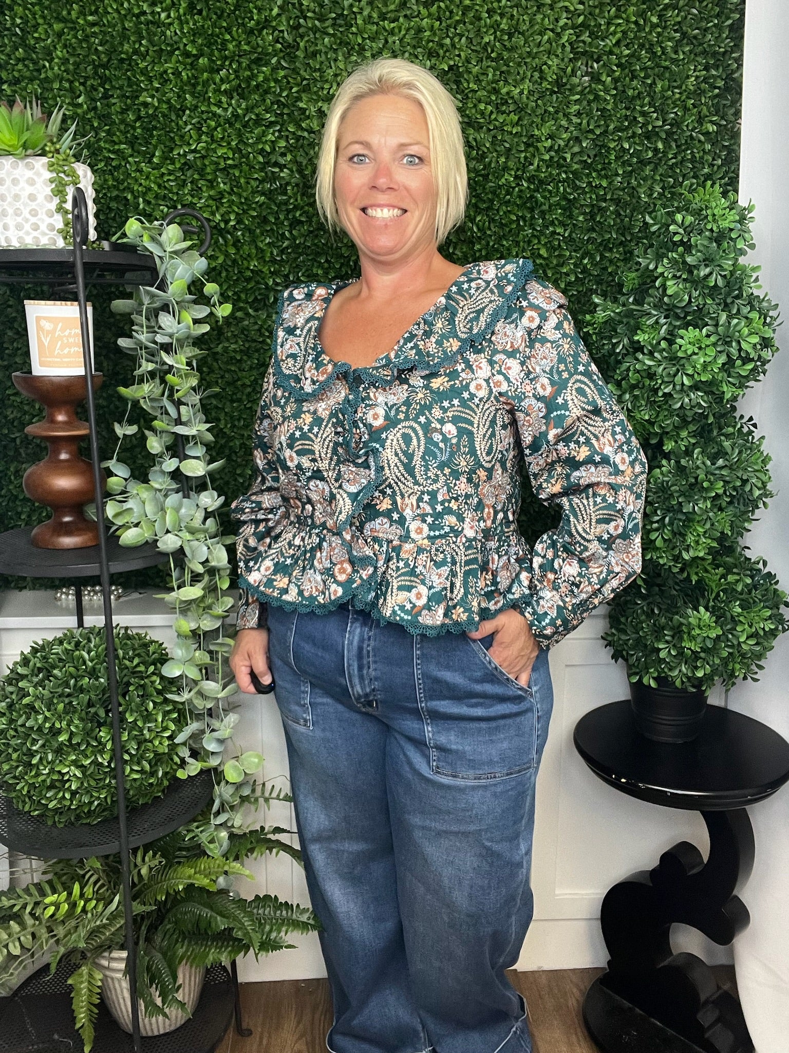 PAISLEY PRINT LACE TRIM QUILTED TOP - TEAL/GREEN/MULTI FLORAL