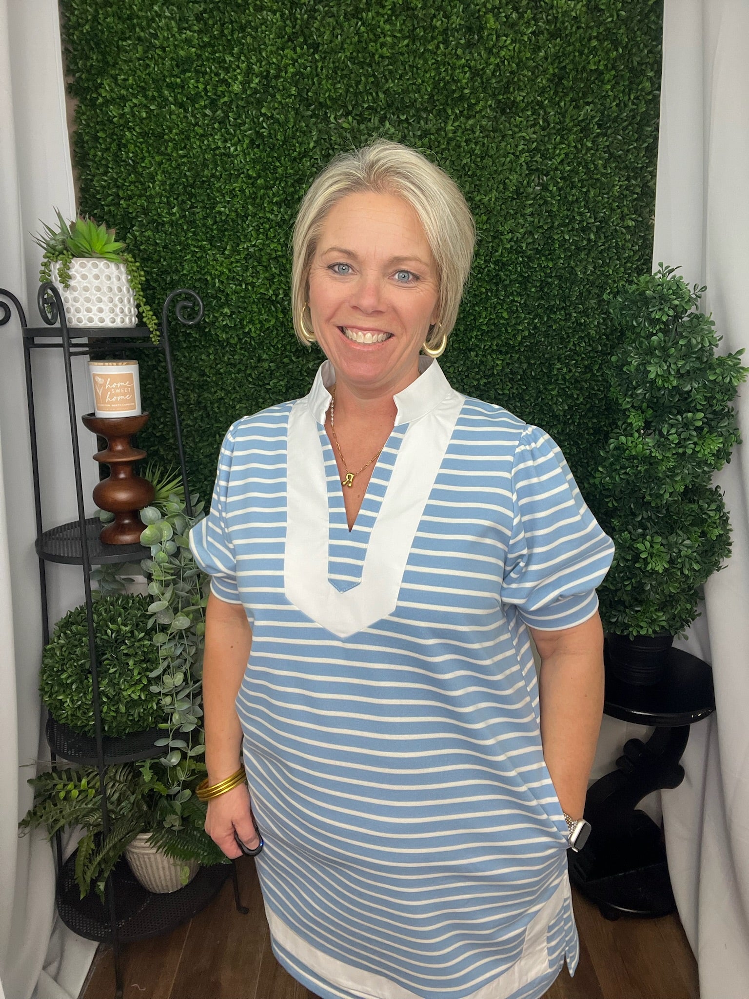 BLUE STRIPPED DRESS WITH WHITE TRIM