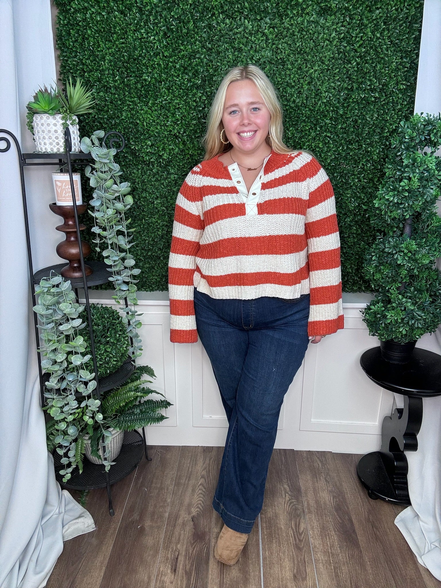 STRIPED BELL SLEEVE SWEATER TOP - BURNT ORANGE