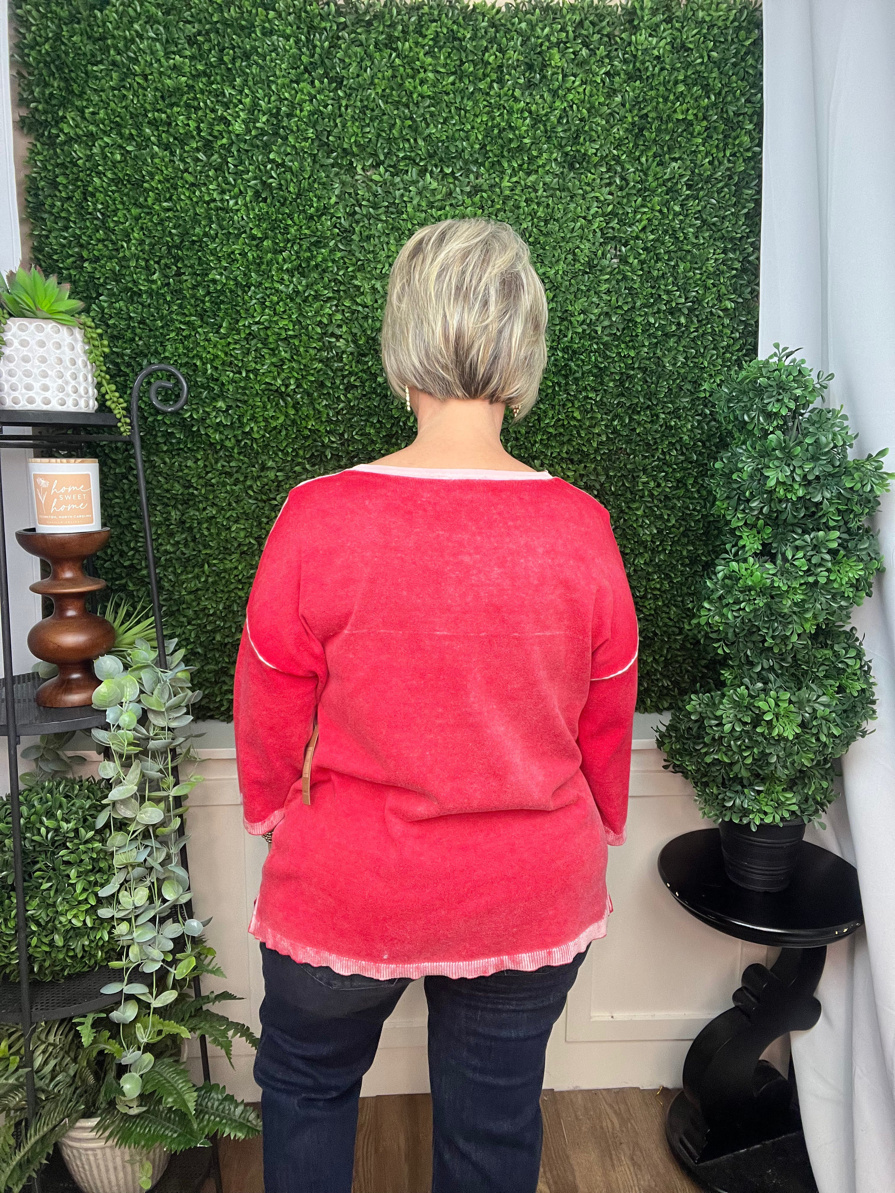 REVERSE PRINTED V-NECK SWEATER W/FRONT POCKET - WATERMELON