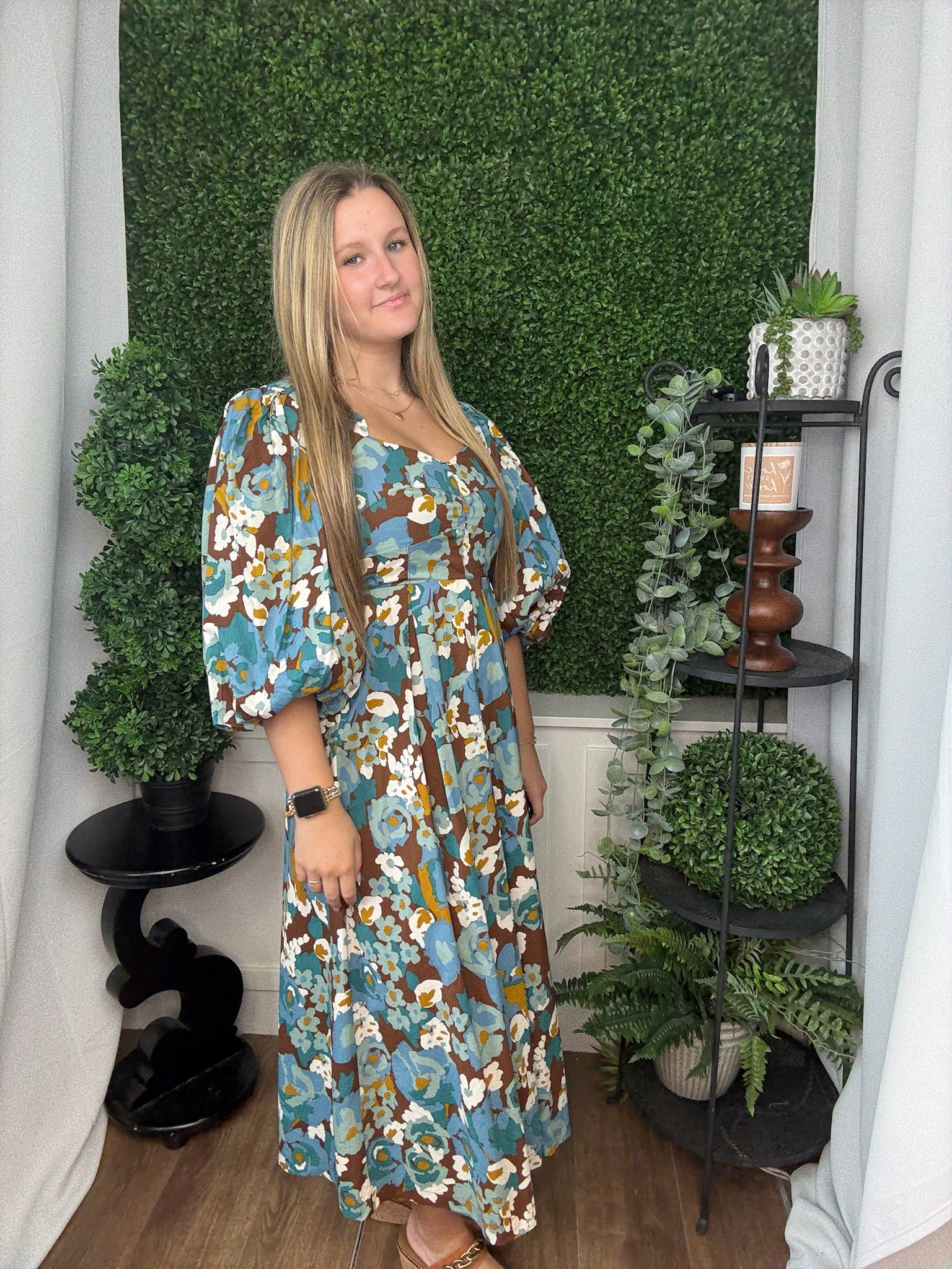 BUBBLE SLV SCALLOPED DRESS - BROWN TEAL