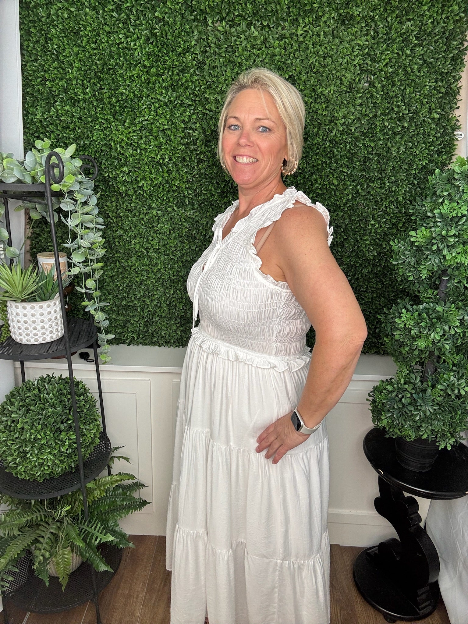 White Ruffle Smocked Sleeveless Midi Dress