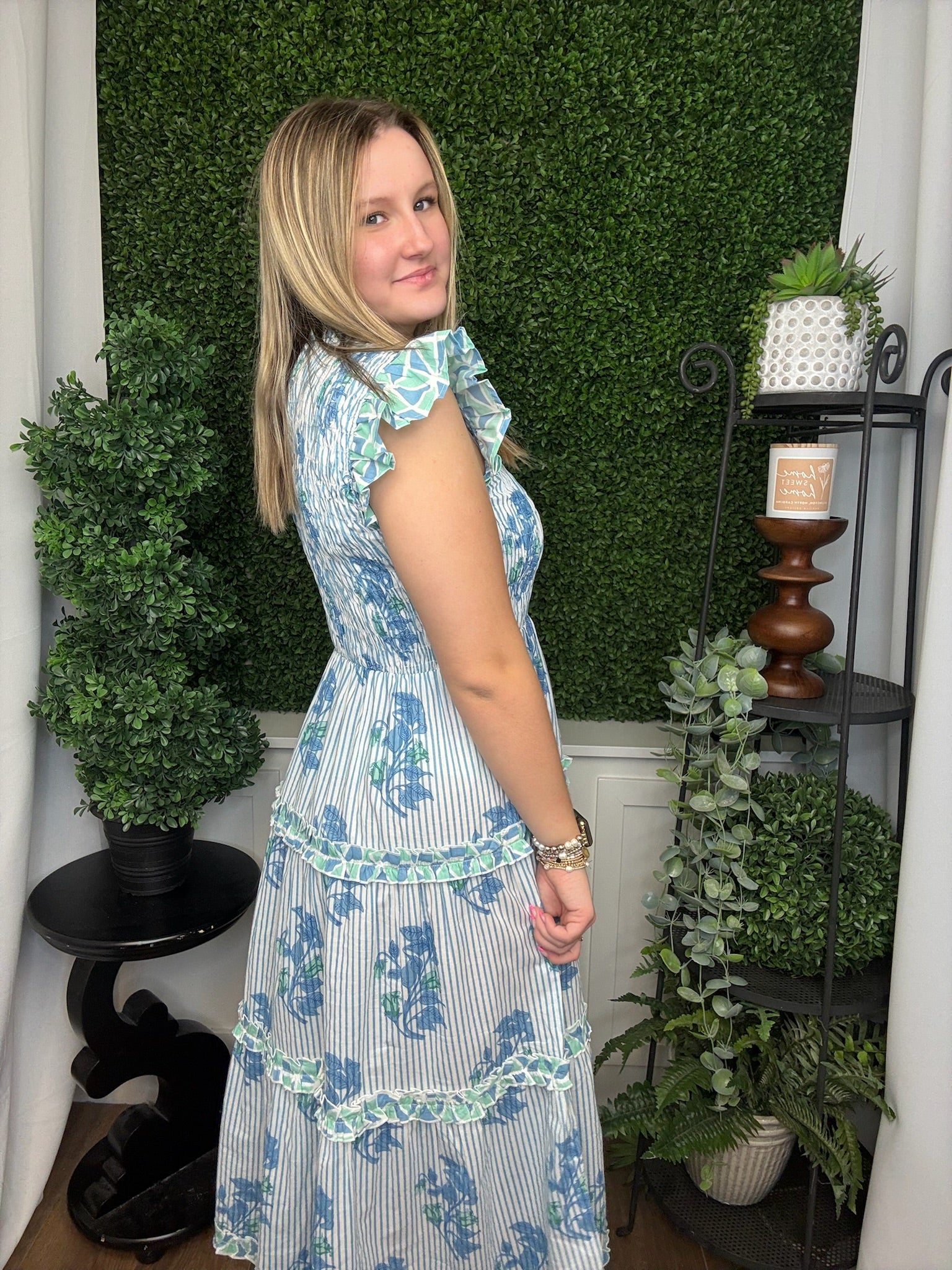 PERIN SMOCKED MIDI DRESS - BLUE