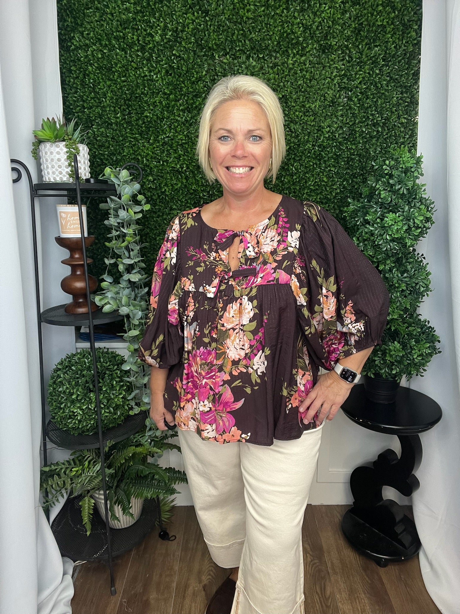 FLORAL PRINTED BATWING SLEEVE FRONT TIE TOP - BROWN MULTI