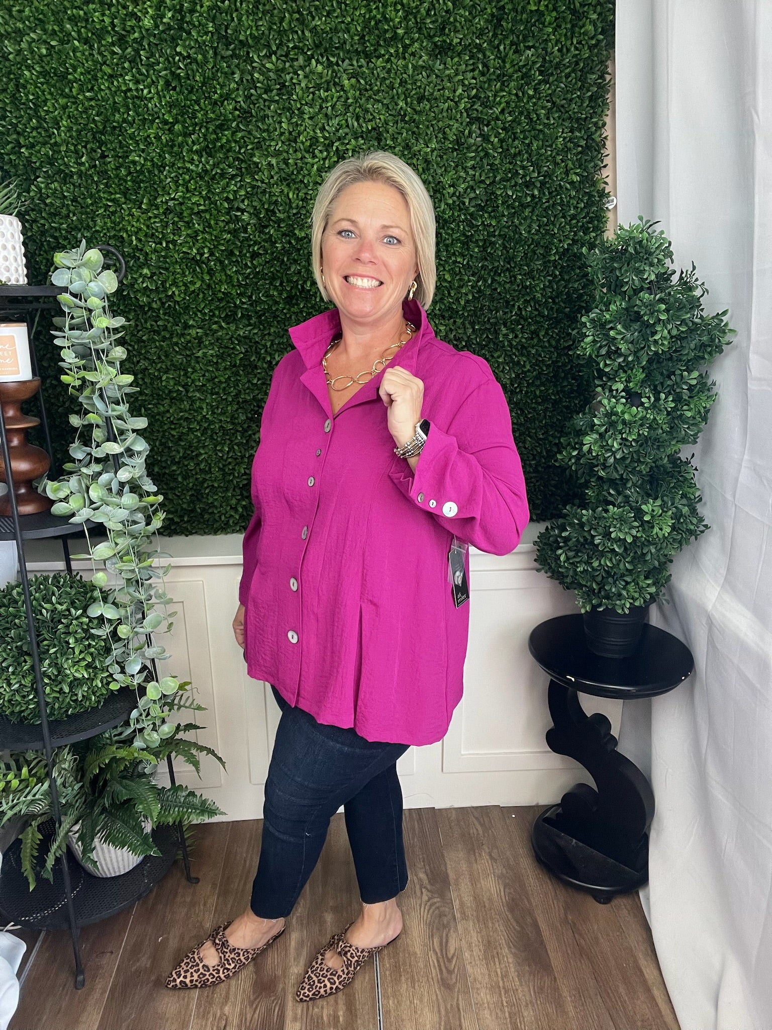 WOVEN BUTTON FRONT TUNIC 3/4 SLEEVE - MAGENTA