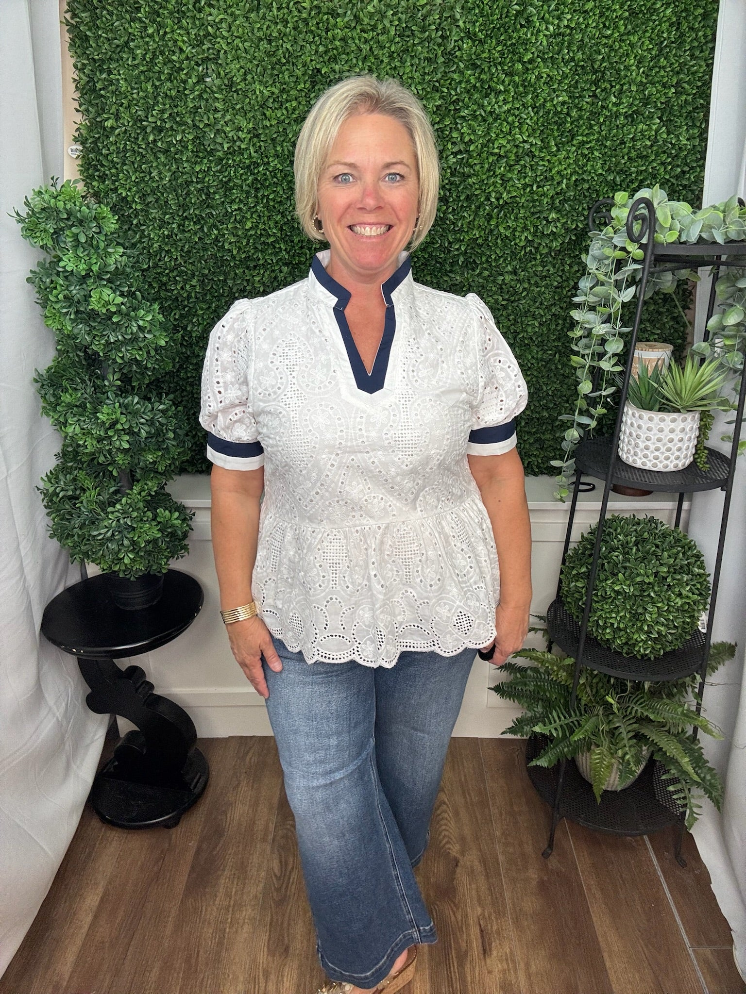 NAVY STRIPE EYELET TOP