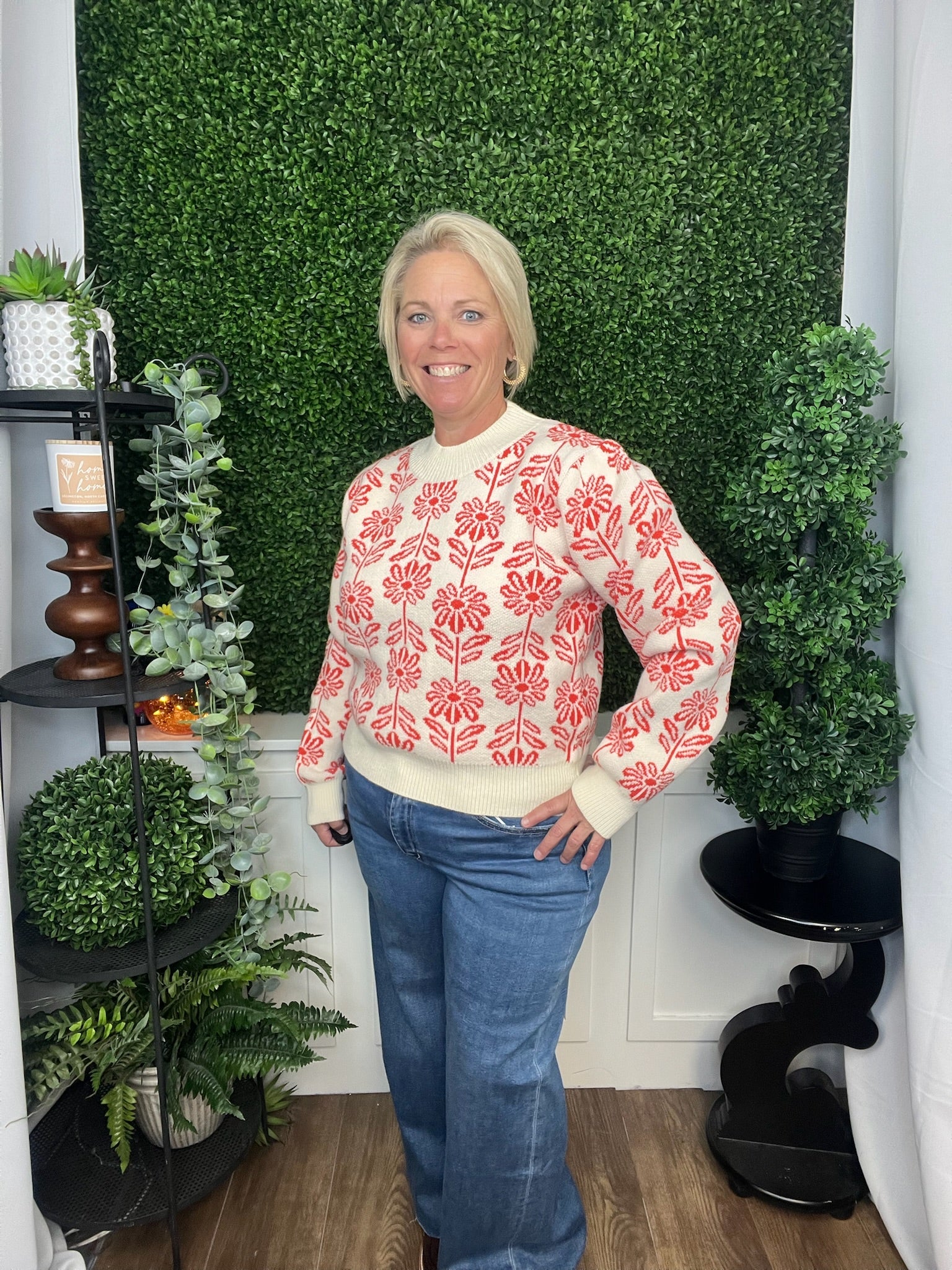 FLORAL PATTERN KNIT SWEATER - TANGERINE TANGO