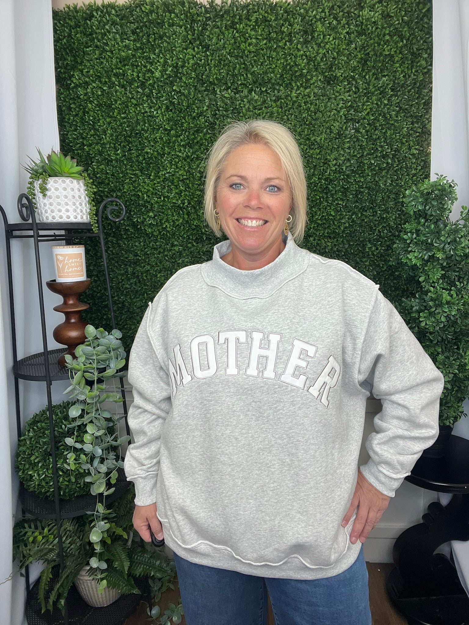 EMBROIDERED MOCK NECK SWEATSHIRT - MOTHER - GREY