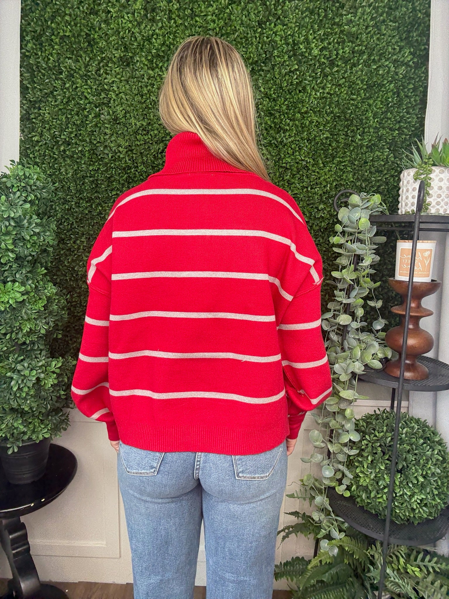 MOCK NECK OVERSIZED STRIPE SWEATER - CRIMSON