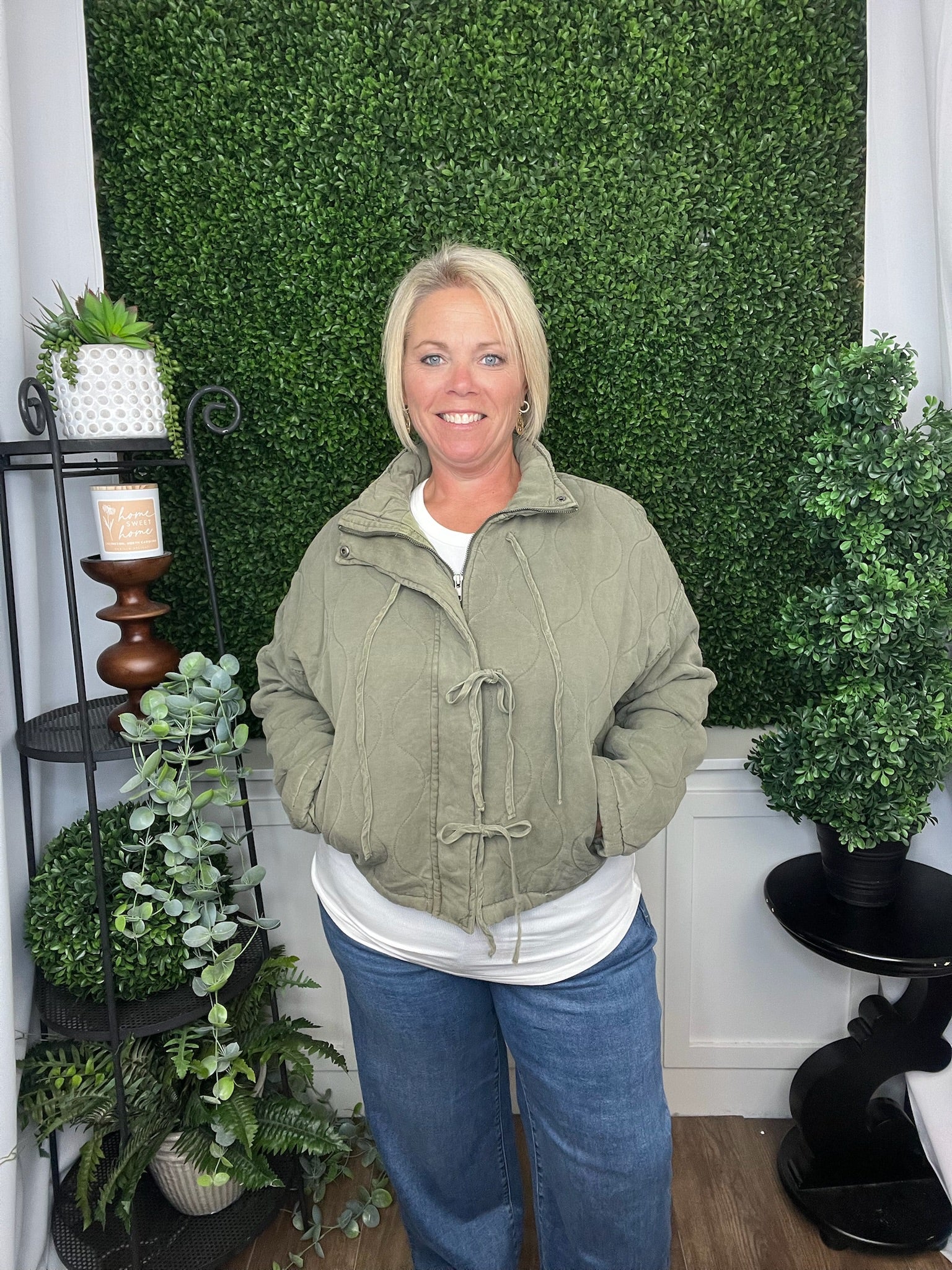 WASHED QUILTED FRONT TIE PUFFER JACKET - OLIVE