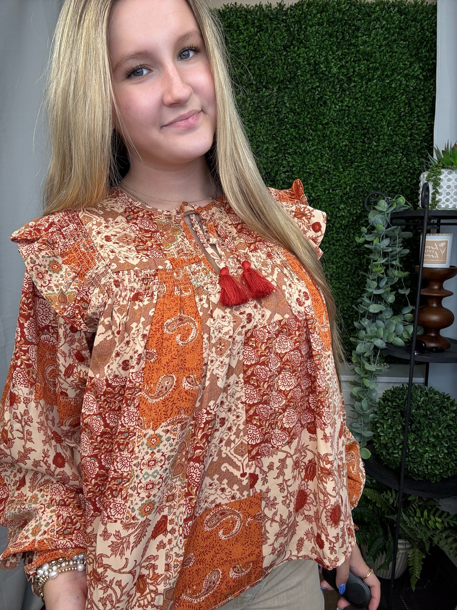 PATCHWORK PRINT SMOCKED RUFFLE BLOUSE - RUST MULTI FLORAL