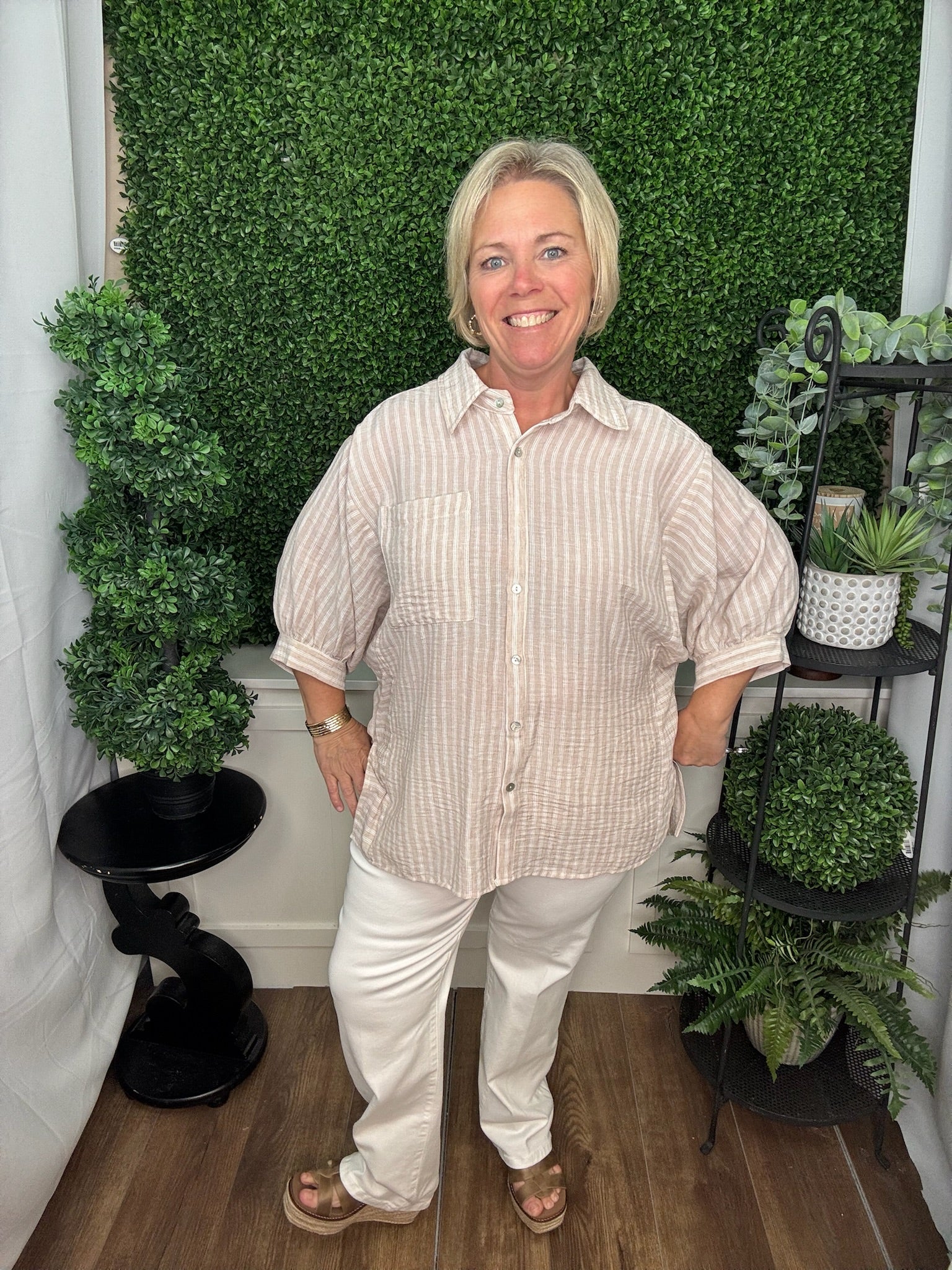 Taupe Striped Relaxed Button-Up Blouse