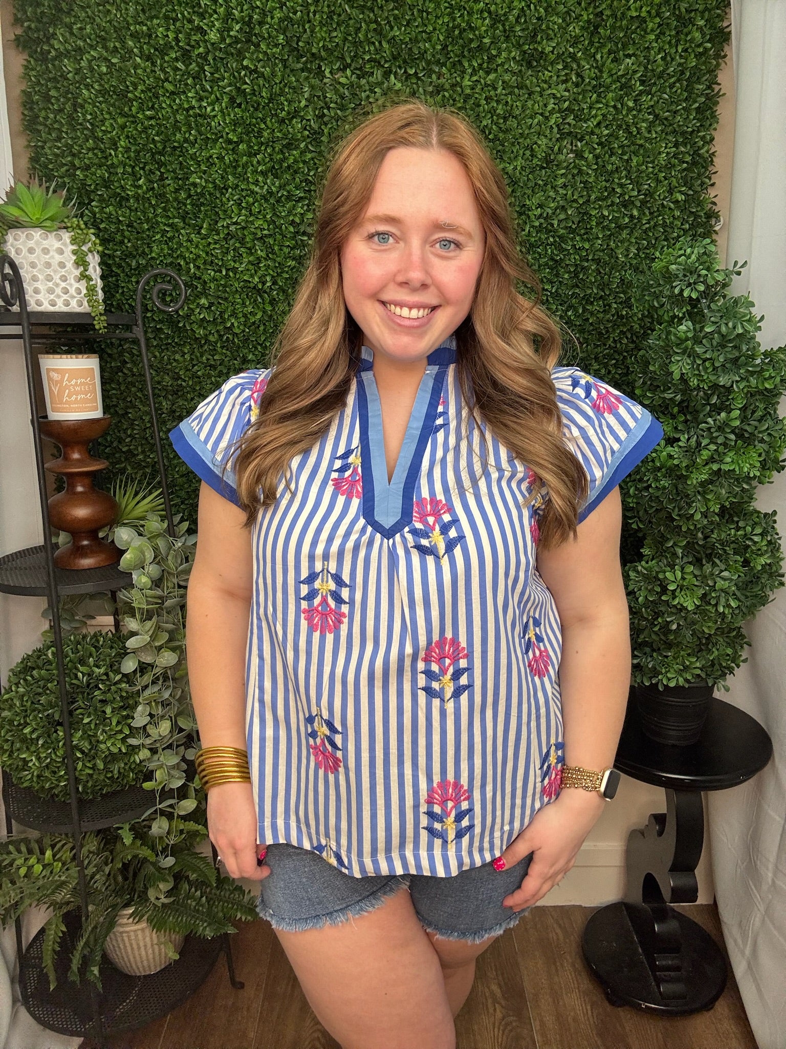 Embroidered Stripe V-Neck Blouse