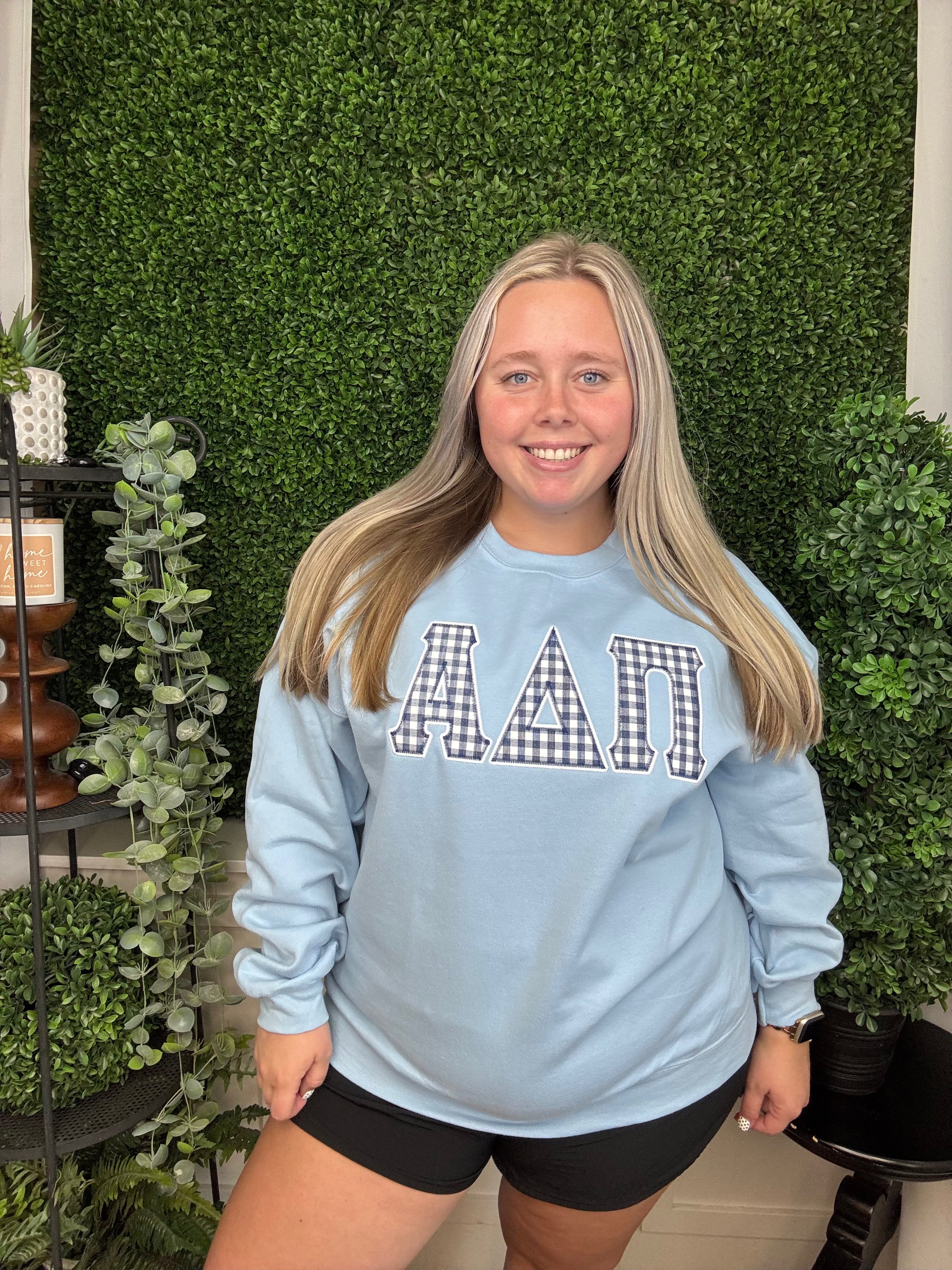 ALPHA DELTA PI GINGHAM CREWNECK - LIGHT BLUE