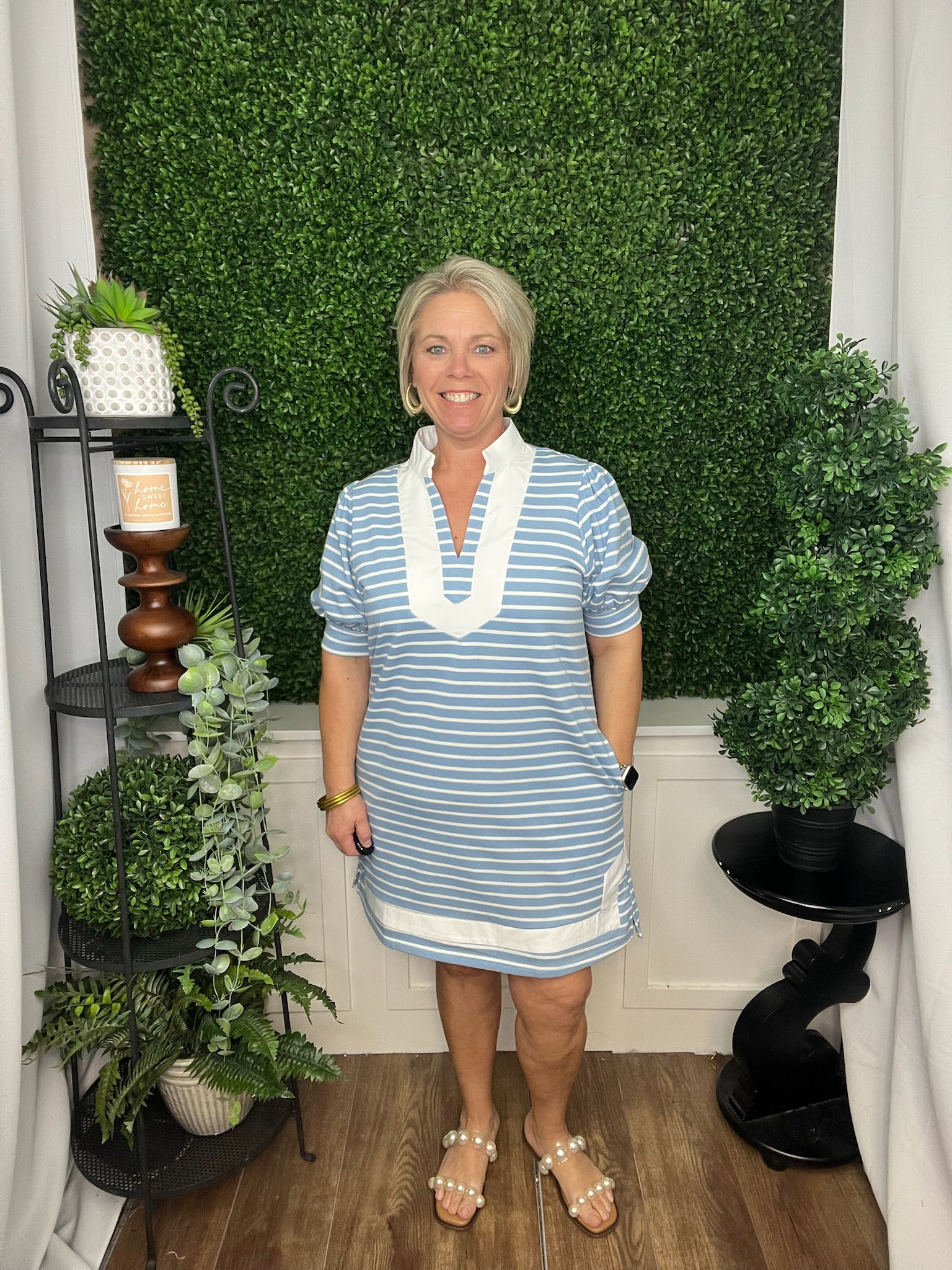 BLUE STRIPPED DRESS WITH WHITE TRIM