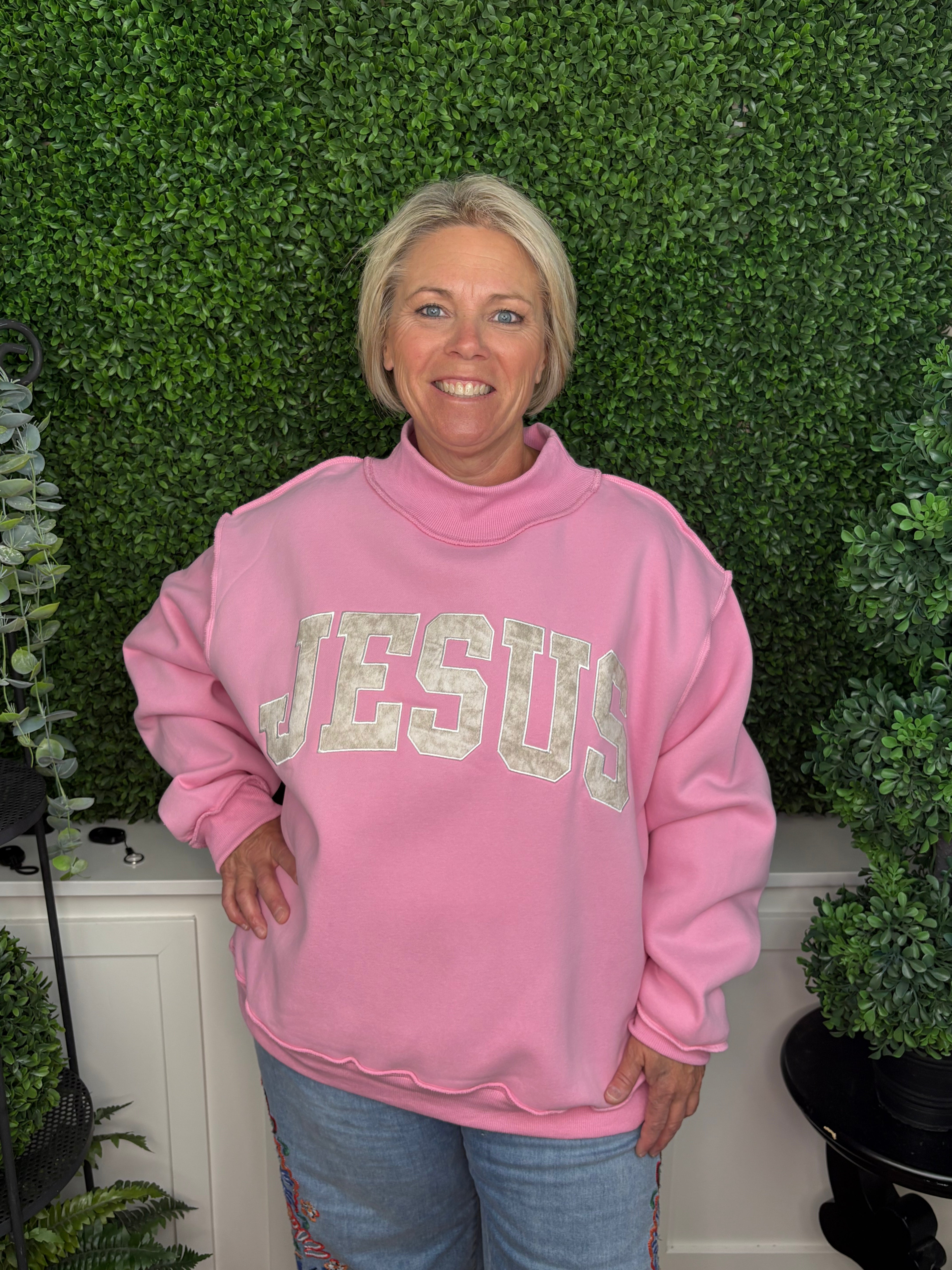 Jesus Graphic Mock Neck Pullover – Pink/Camo